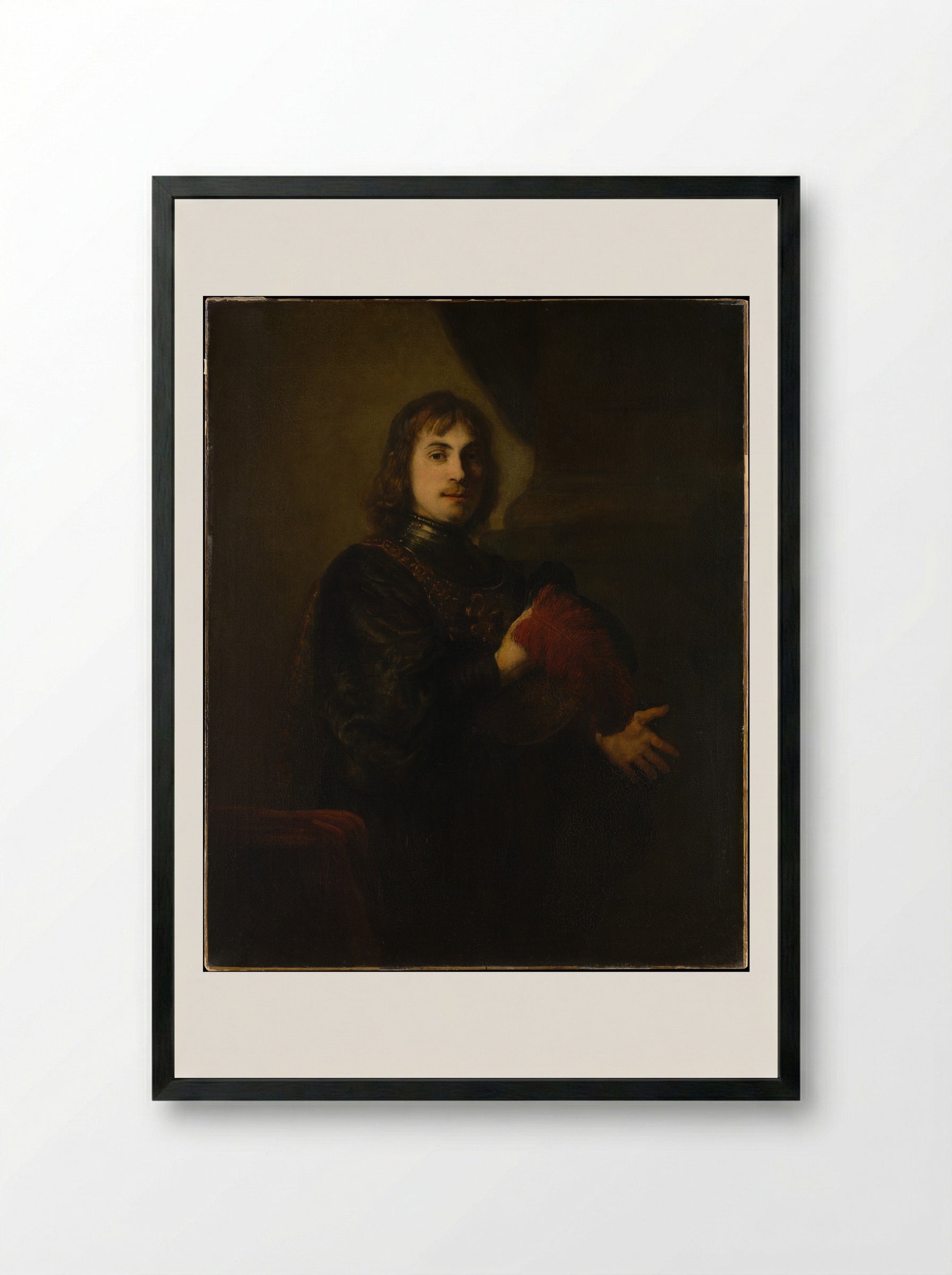 Portrait of a Man with a Breastplate and Plumed Hat - Rembrandt van Rijn - Framed Print Black