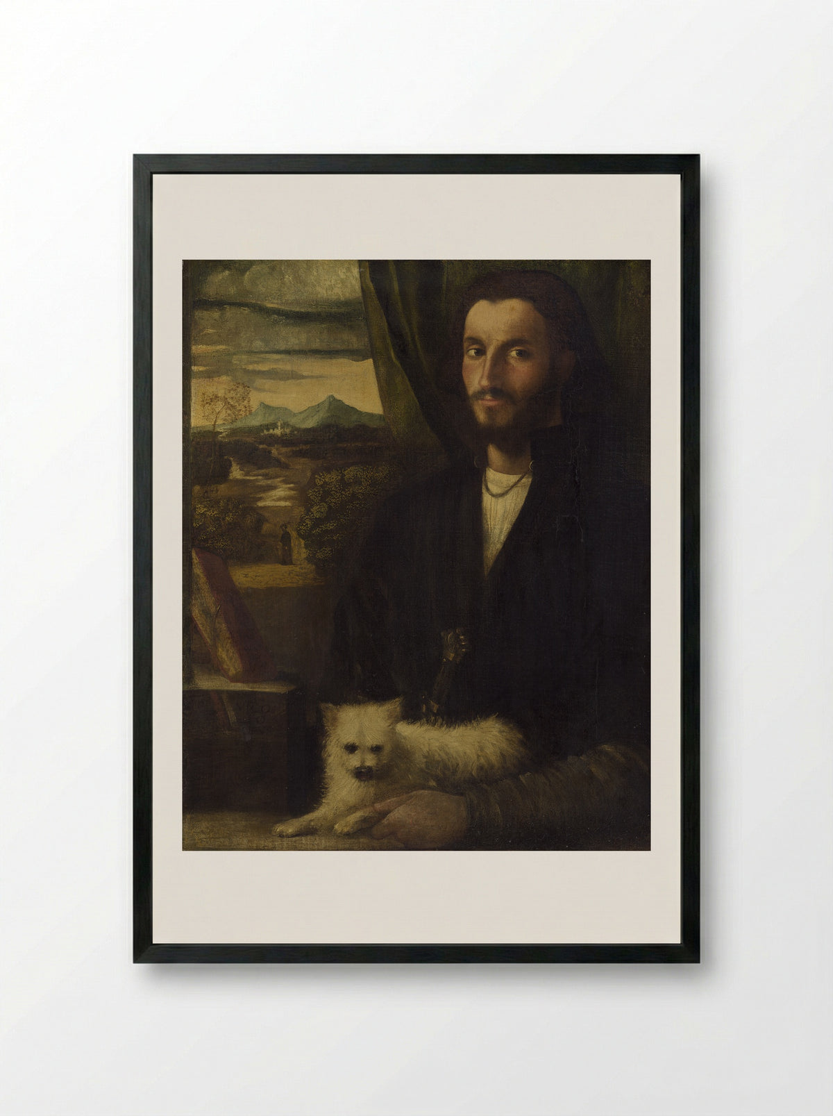 Portrait of a Man with a Dog - Giovanni Cariani - Framed Print Black