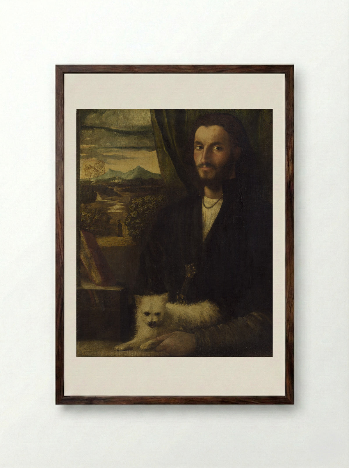 Portrait of a Man with a Dog - Giovanni Cariani - Framed Print Dark Wood