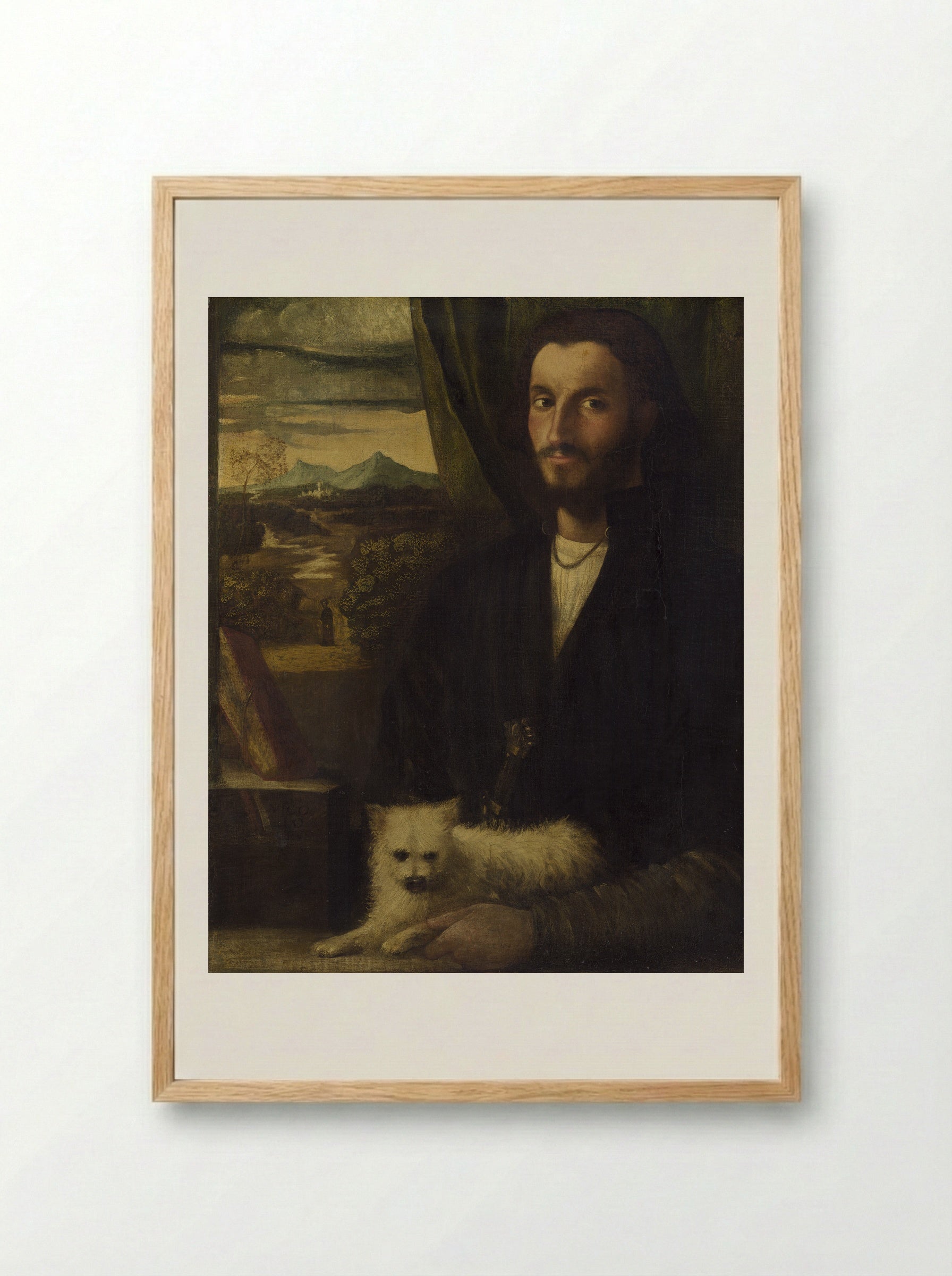 Portrait of a Man with a Dog - Giovanni Cariani - Framed Print Wood