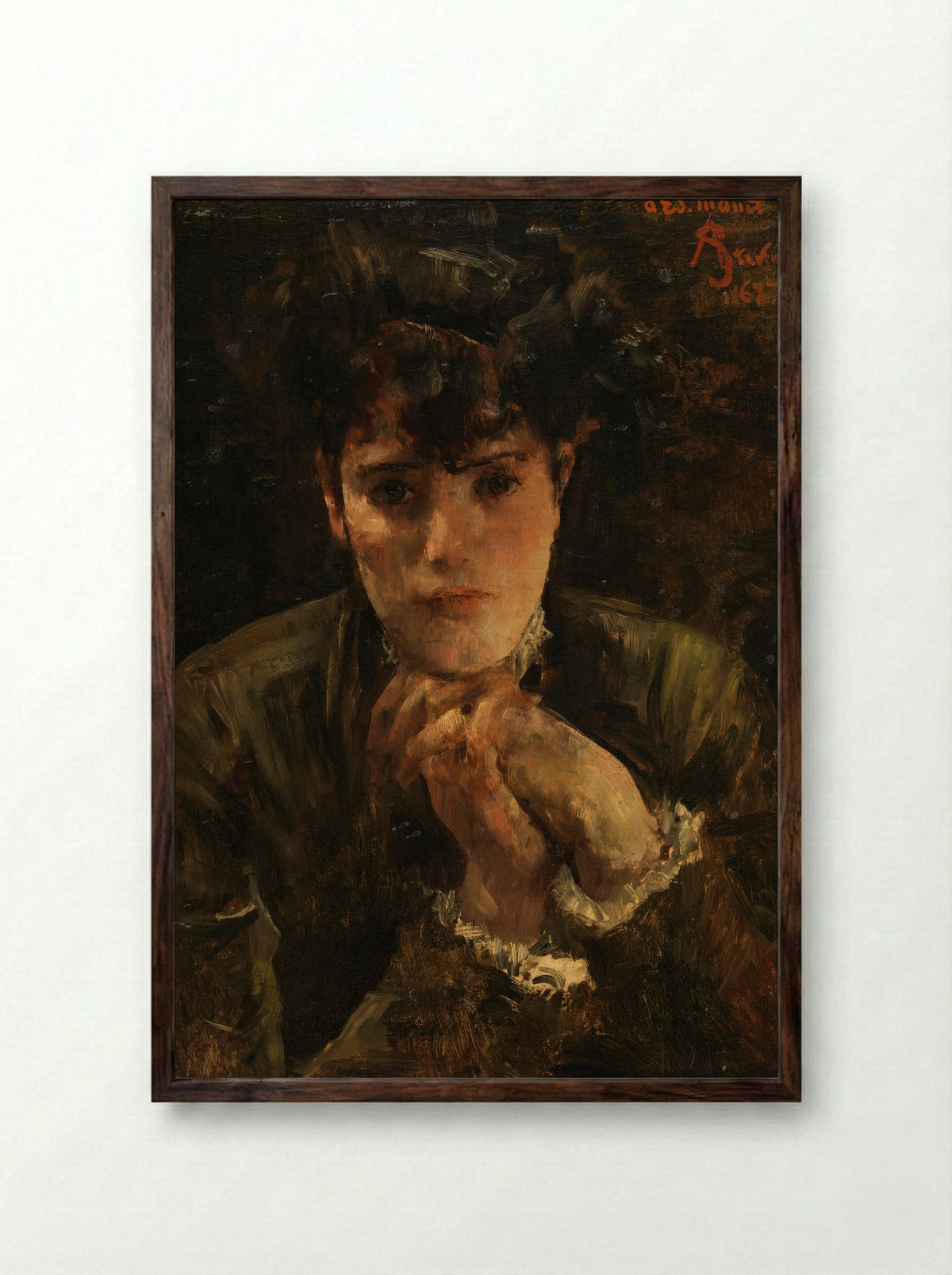 Portrait of a Woman (Dedication to Edouard Manet) - Alfred Stevens - Framed Print Dark Wood