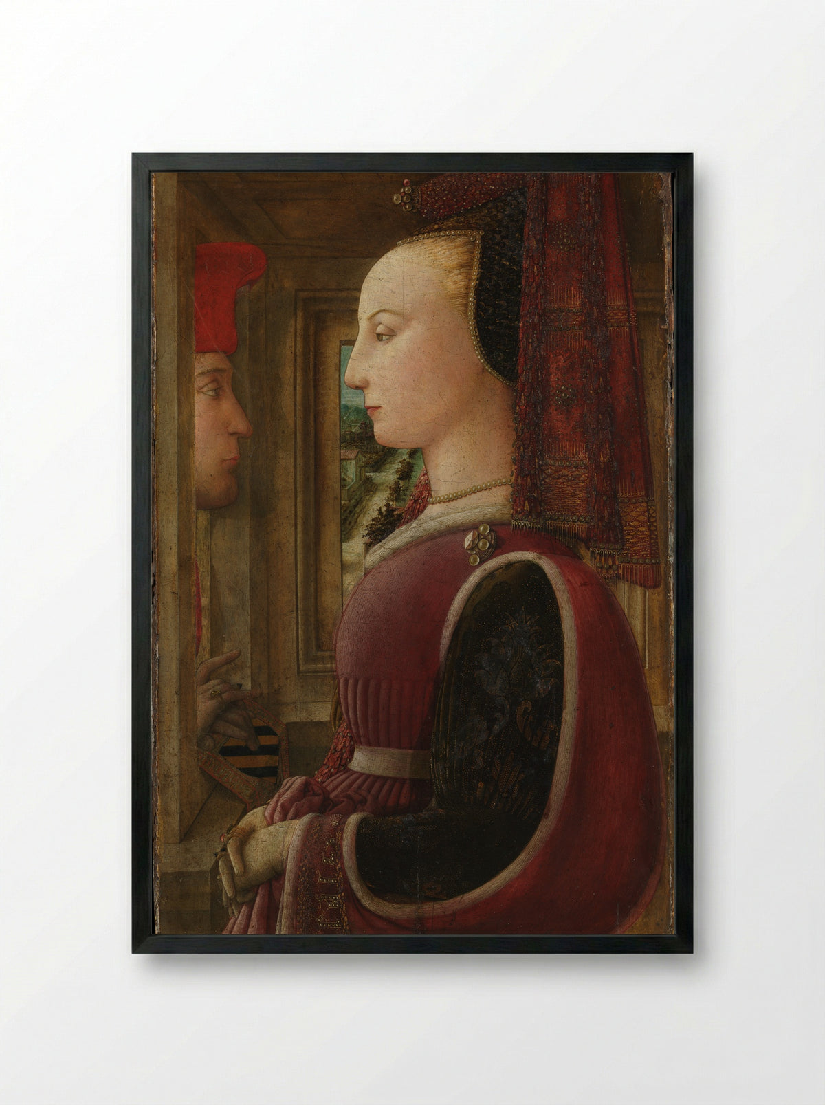 Portrait of a Woman with a Man at a Casement - Fra Filippo Lippi - Framed Print Black