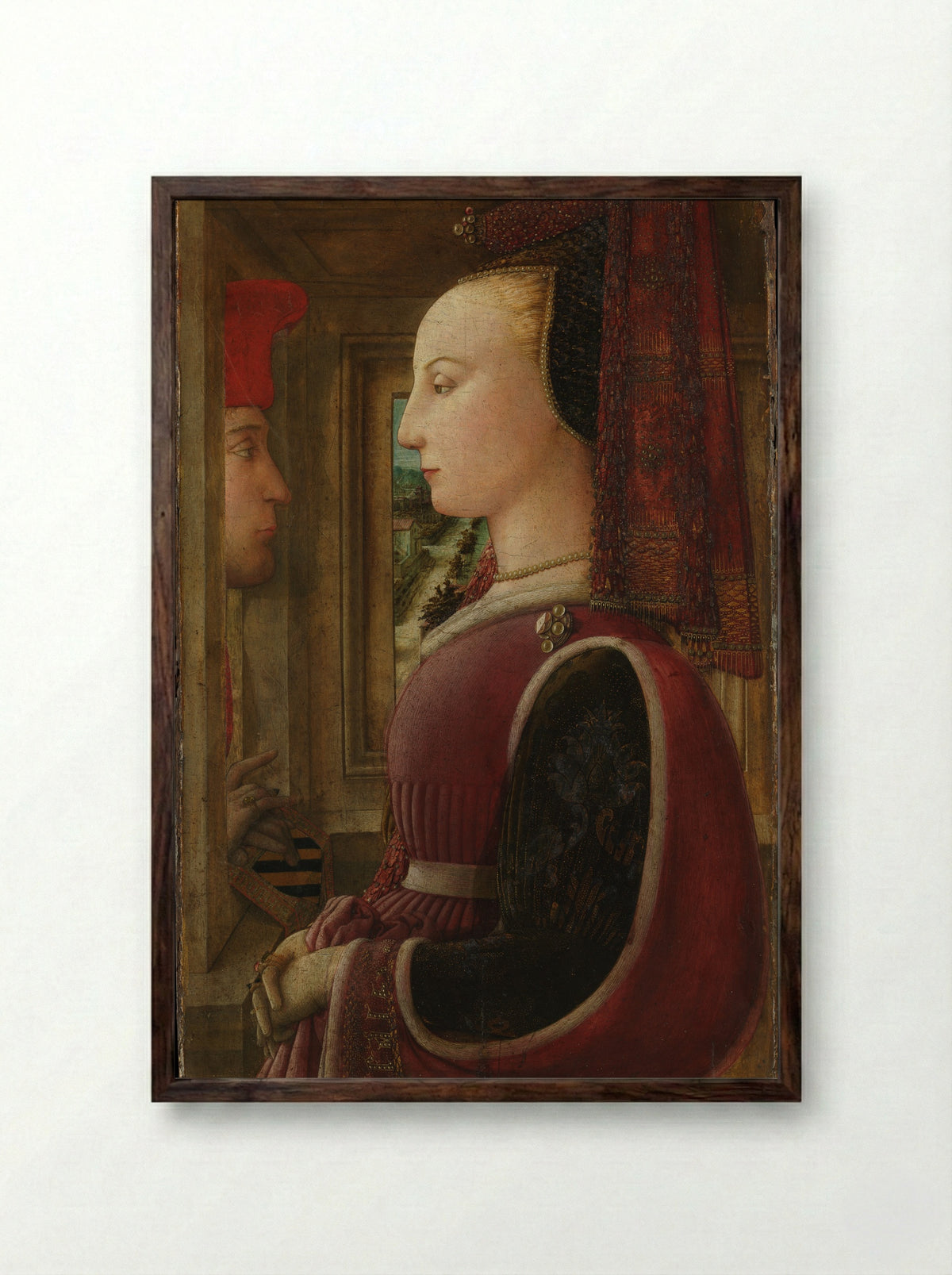 Portrait of a Woman with a Man at a Casement - Fra Filippo Lippi - Framed Print Dark Wood