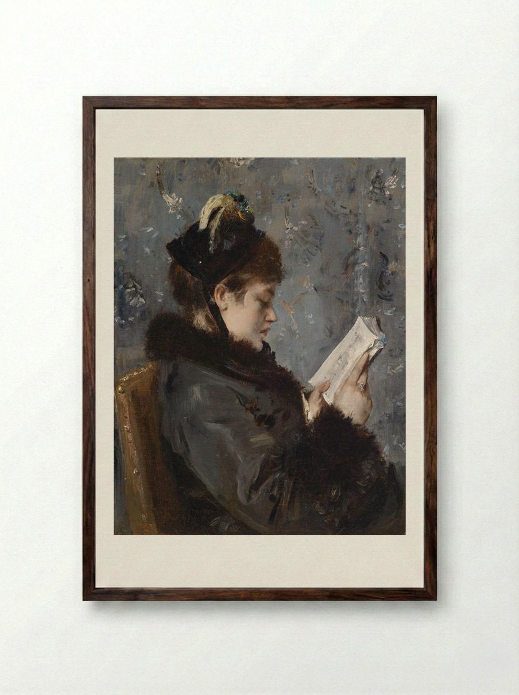 Portrait of a Young Lady Reading - Alfred Stevens - Framed Print Dark Wood