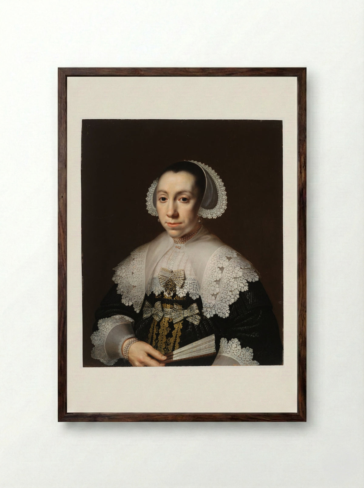 Portrait of a Young Woman - Dirck Dirckszoon van Santvoort - Framed Print Dark Wood