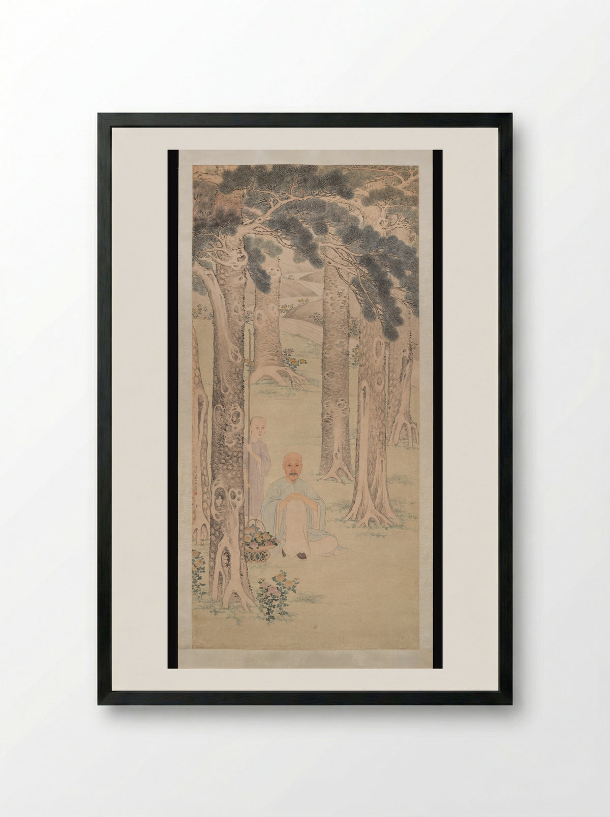 Portrait of a gentleman gathering chrysanthemums - Hua Guan - Framed Print Black