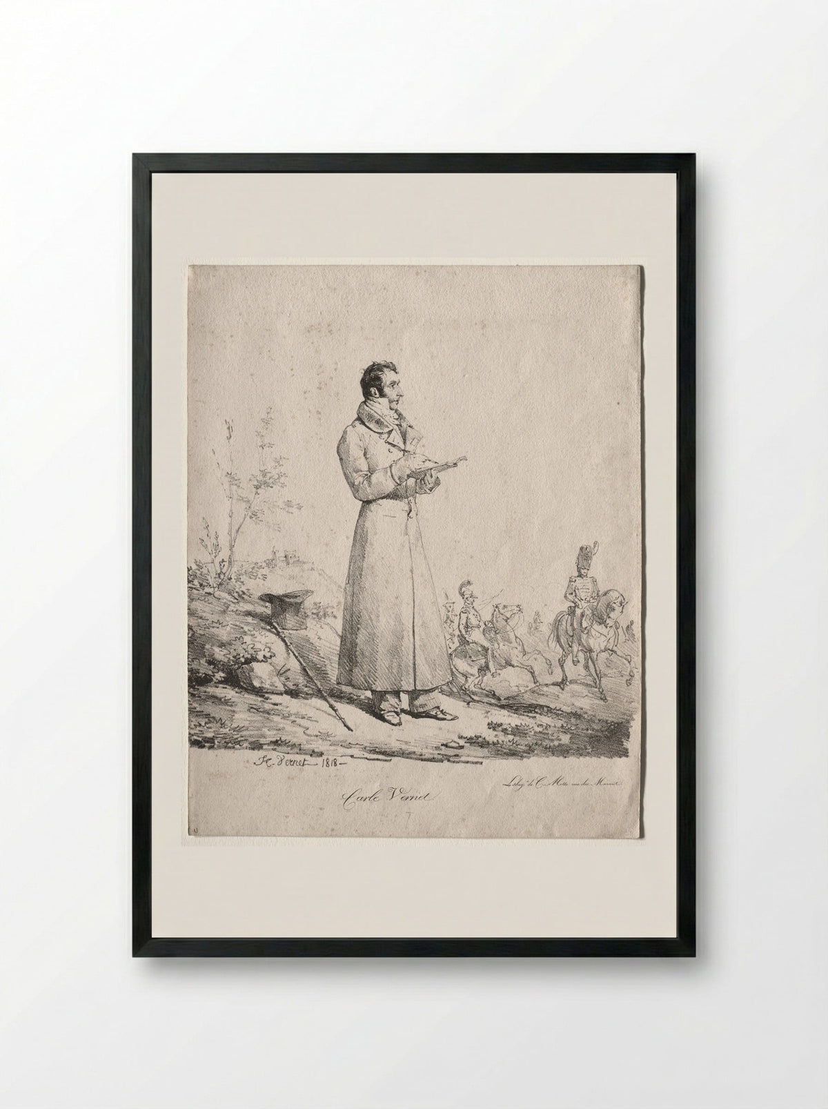 Portrait of an Officer Sketching - Antoine-Charles-Horace Vernet - Framed Print Black