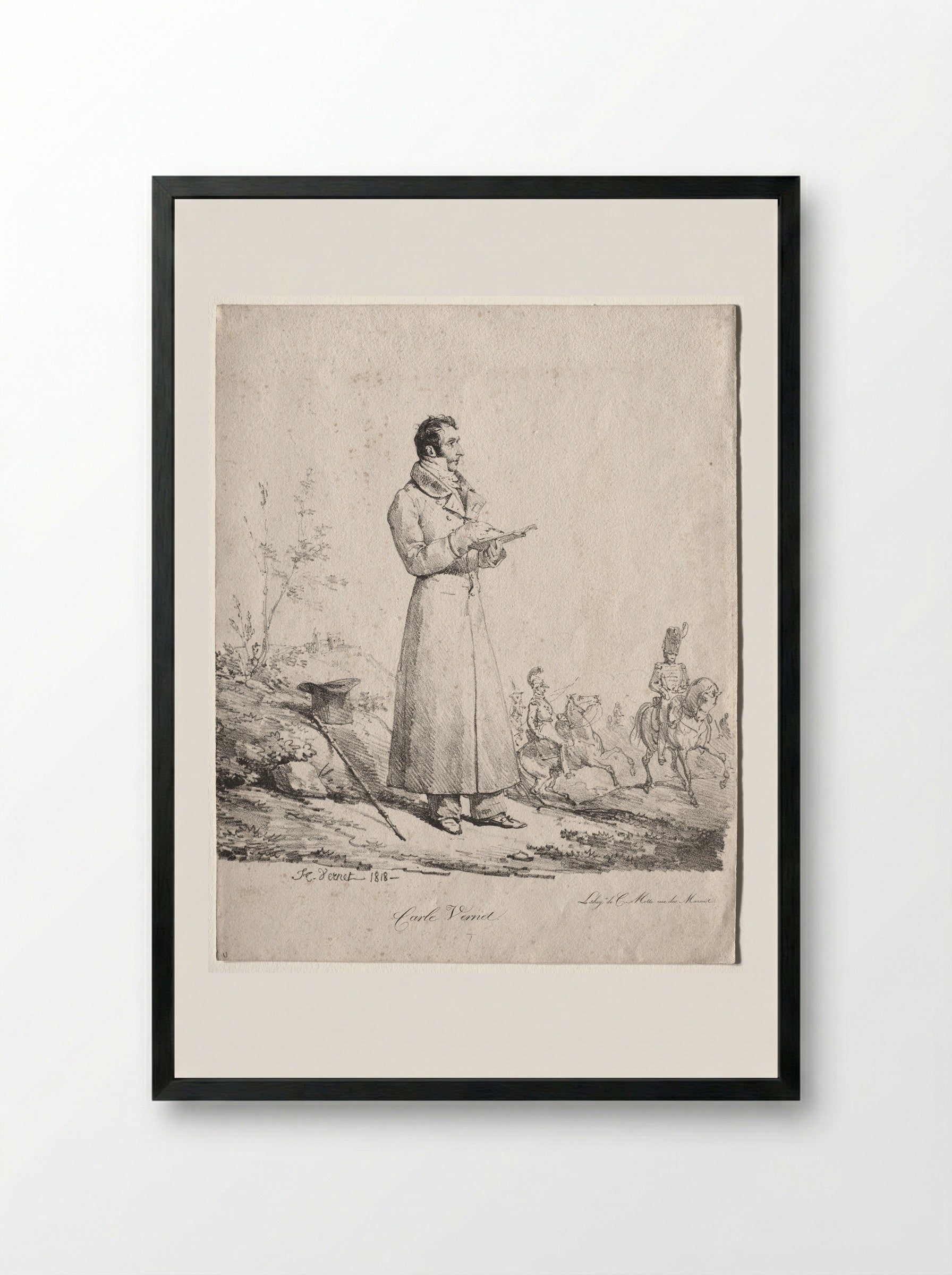 Portrait of an Officer Sketching - Antoine-Charles-Horace Vernet - Framed Print Black