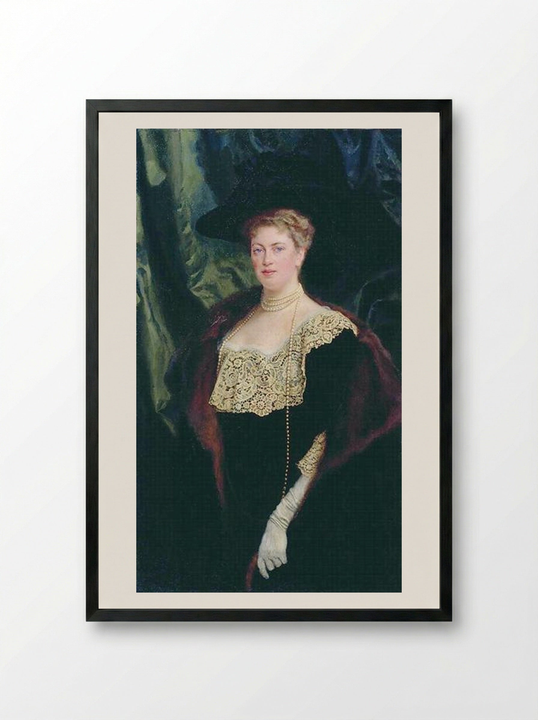 Portrait of an Unknown Lady in a Black Kerchief with a Lacy Collar - Nikolay Bogdanov-Belsky - Framed Print Black