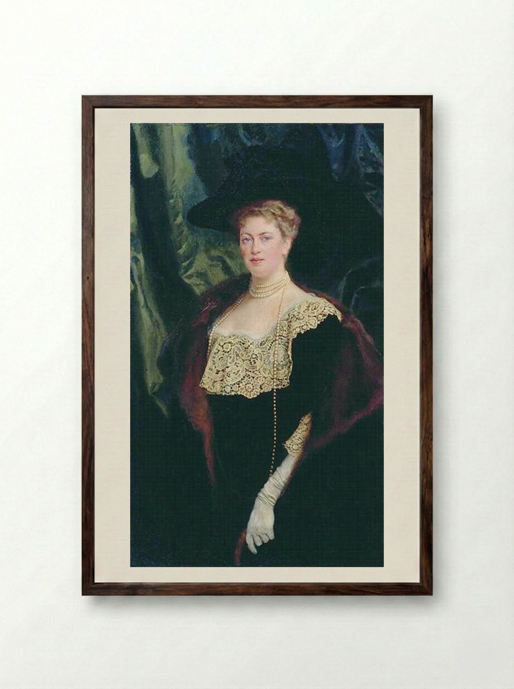 Portrait of an Unknown Lady in a Black Kerchief with a Lacy Collar - Nikolay Bogdanov-Belsky - Framed Print Dark Wood