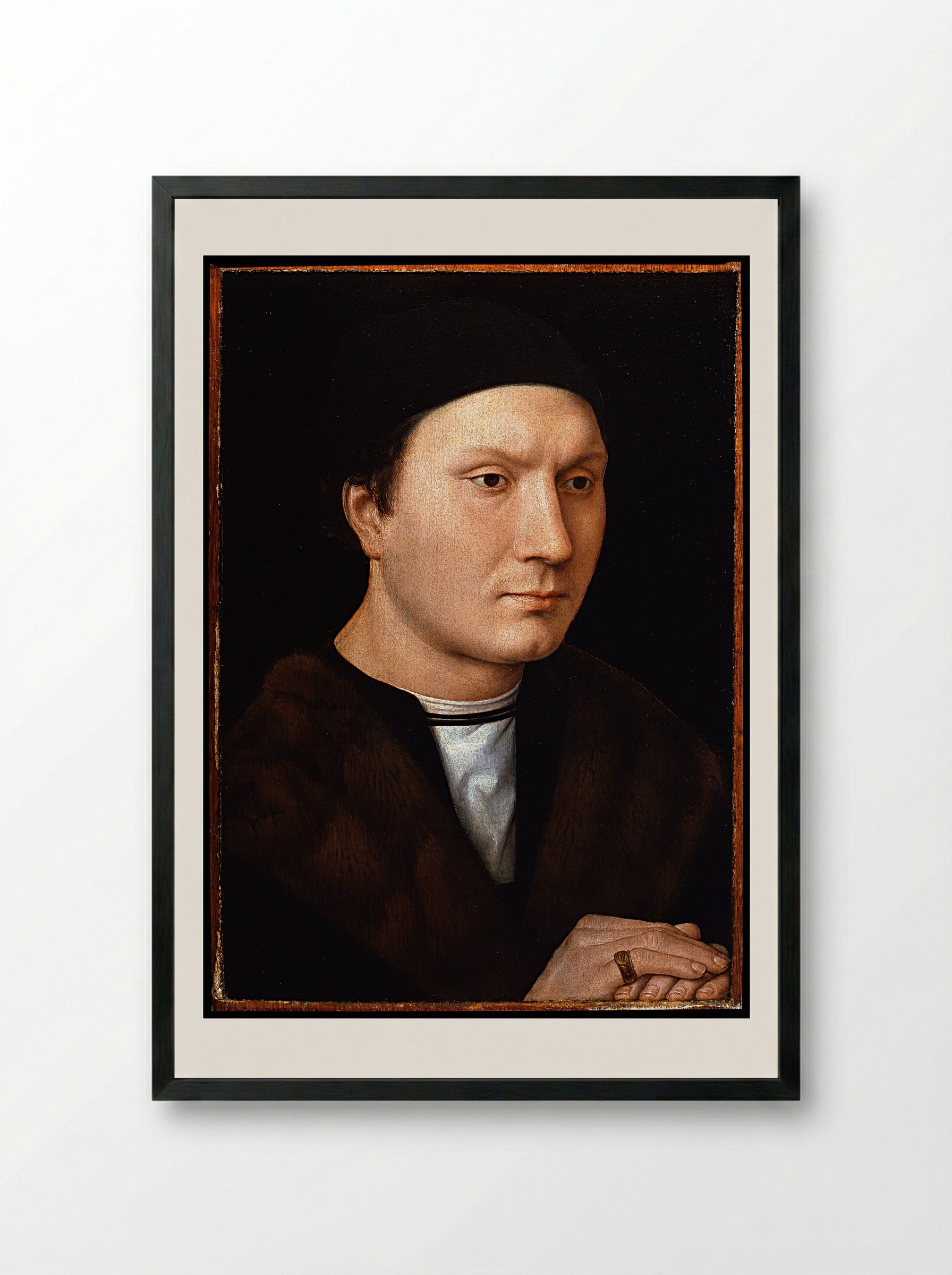 Portrait of an Unknown Man with a Letter - Hans Memling - Framed Print Black