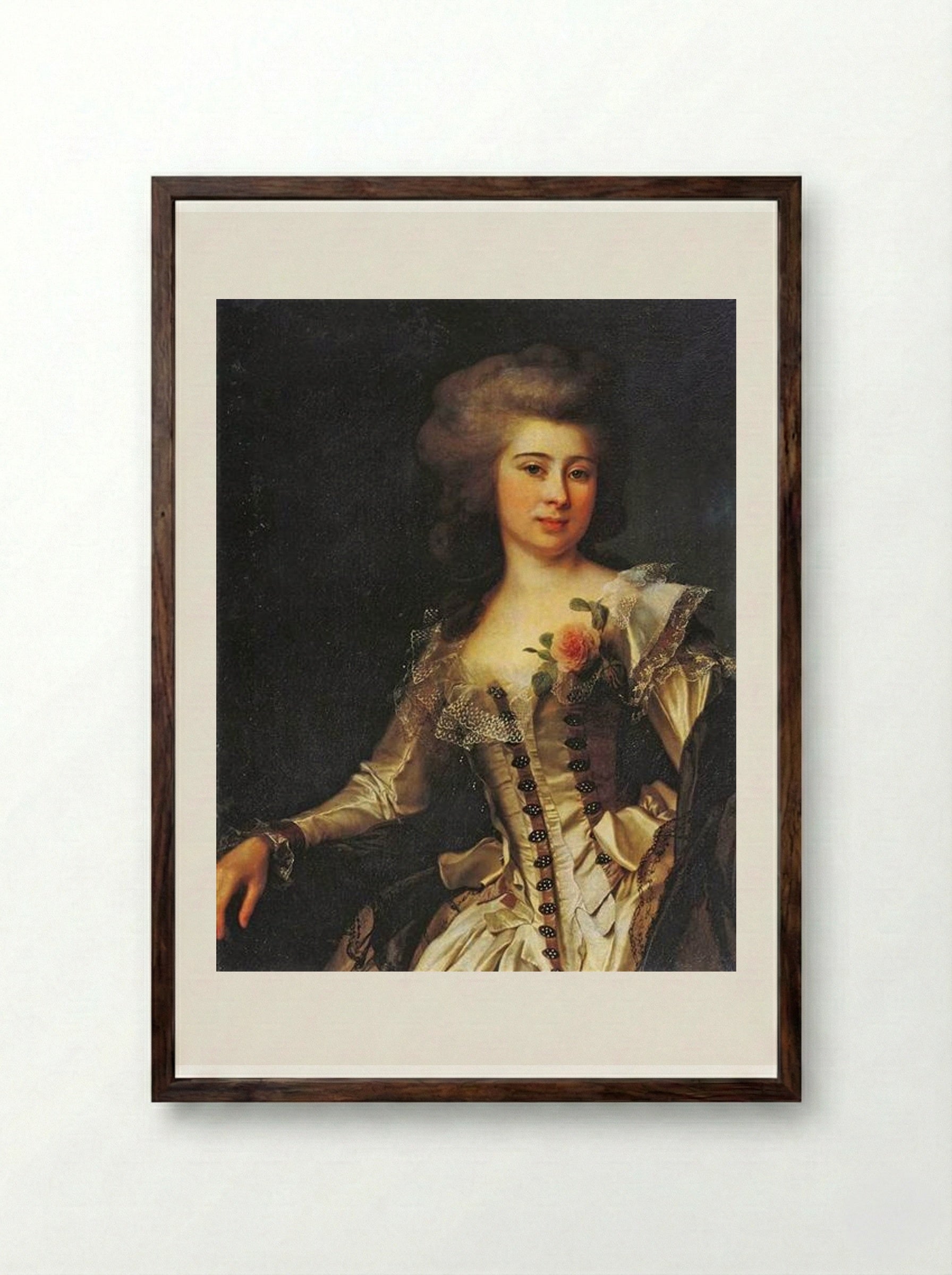 Portrait of an Unknown Woman with a Rose - Dmitry Levitzky - Framed Print Dark Wood