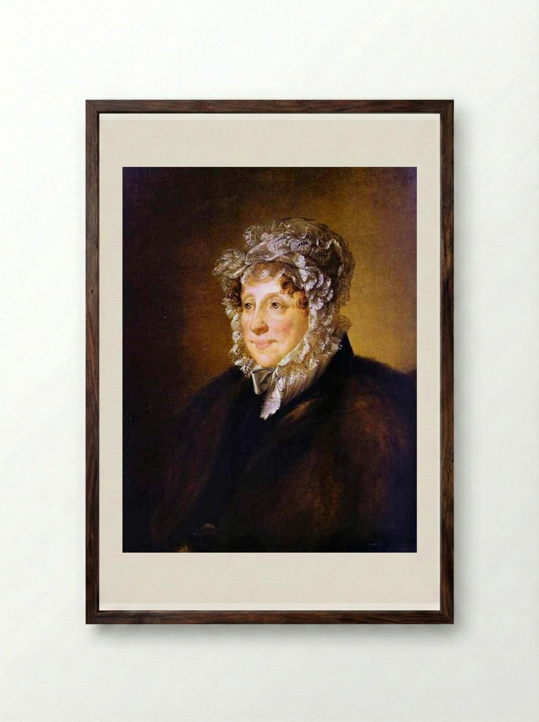 Portrait of an elderly woman in a bonnet - Vasily Tropinin - Framed Print Dark Wood