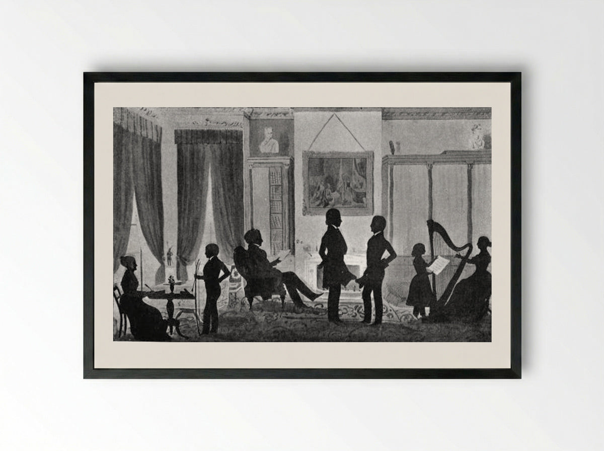 Portrait of the Abbott Lawrence Family in their Library, No. 5 Park Street, Boston - Auguste Edouart - Framed Print Black