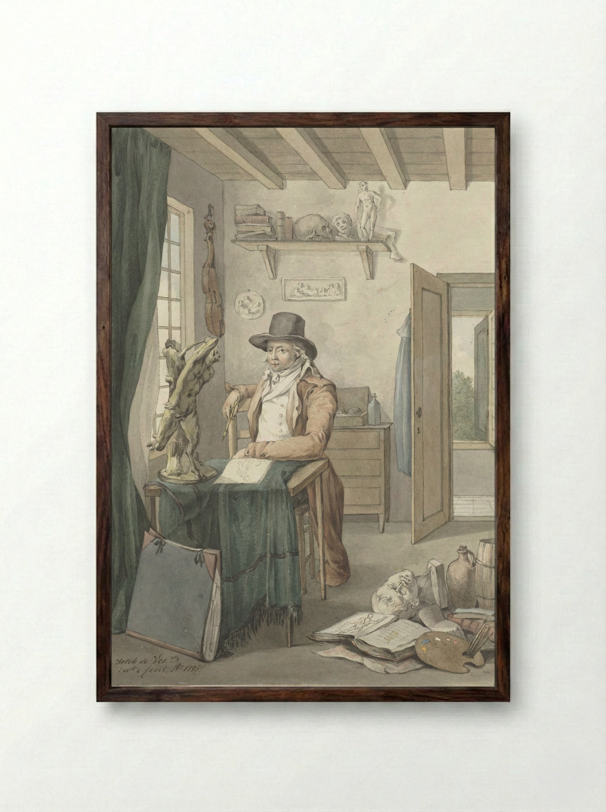 Portrait of the Artist Jacob Smies in an Atelier with Art Objects - Jacob Willemz. de Vos - Framed Print Dark Wood
