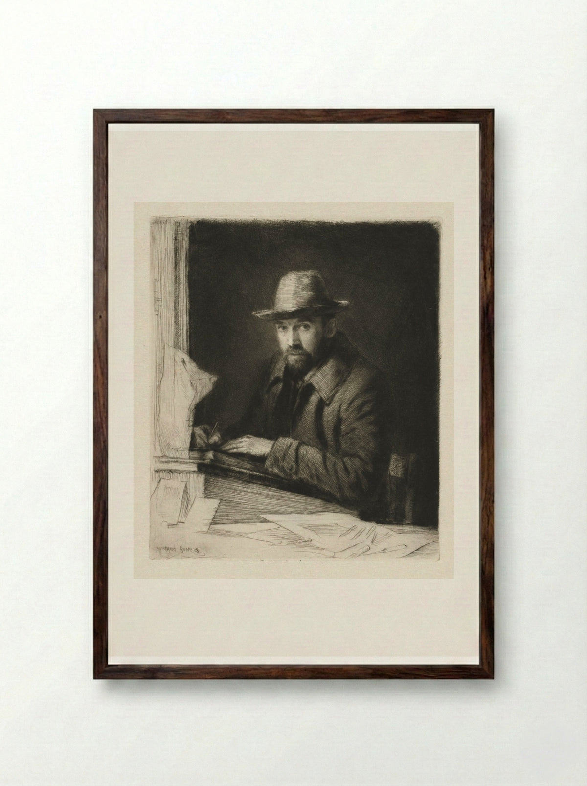 Portrait of the Artist in a Hat, No 2 - Muirhead Bone - Framed Print Dark Wood