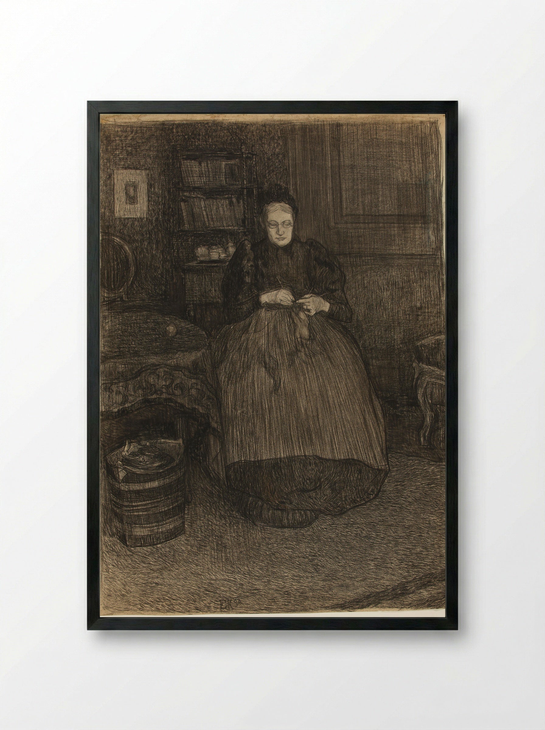 Portrait of the Artist's Mother Knitting in an Interior - Edzard Koning - Framed Print Black