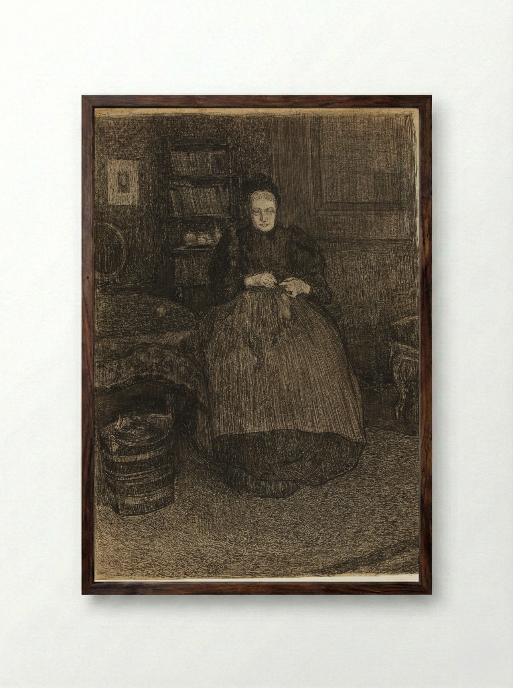 Portrait of the Artist's Mother Knitting in an Interior - Edzard Koning - Framed Print Dark Wood