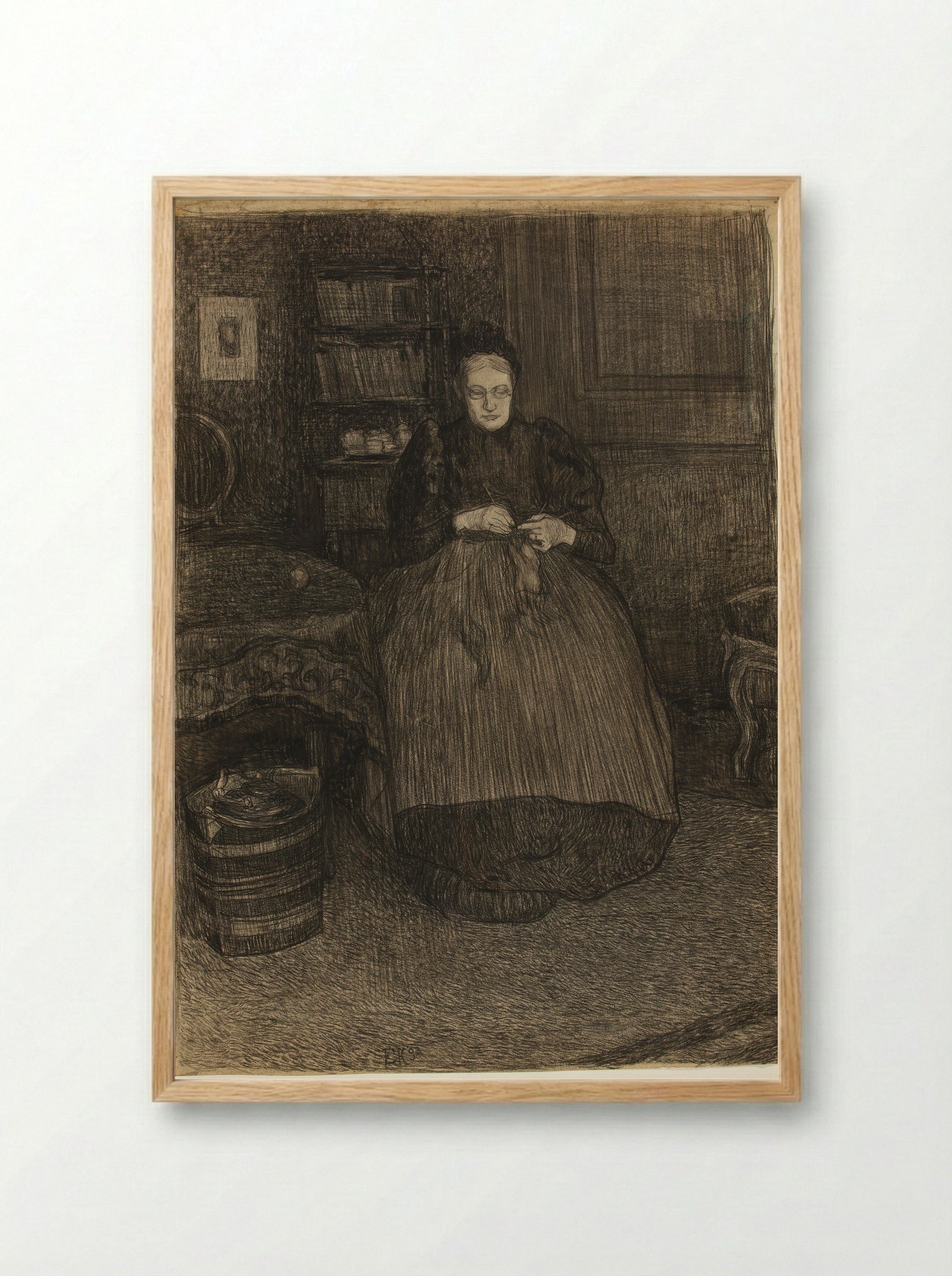 Portrait of the Artist's Mother Knitting in an Interior - Edzard Koning - Framed Print Wood