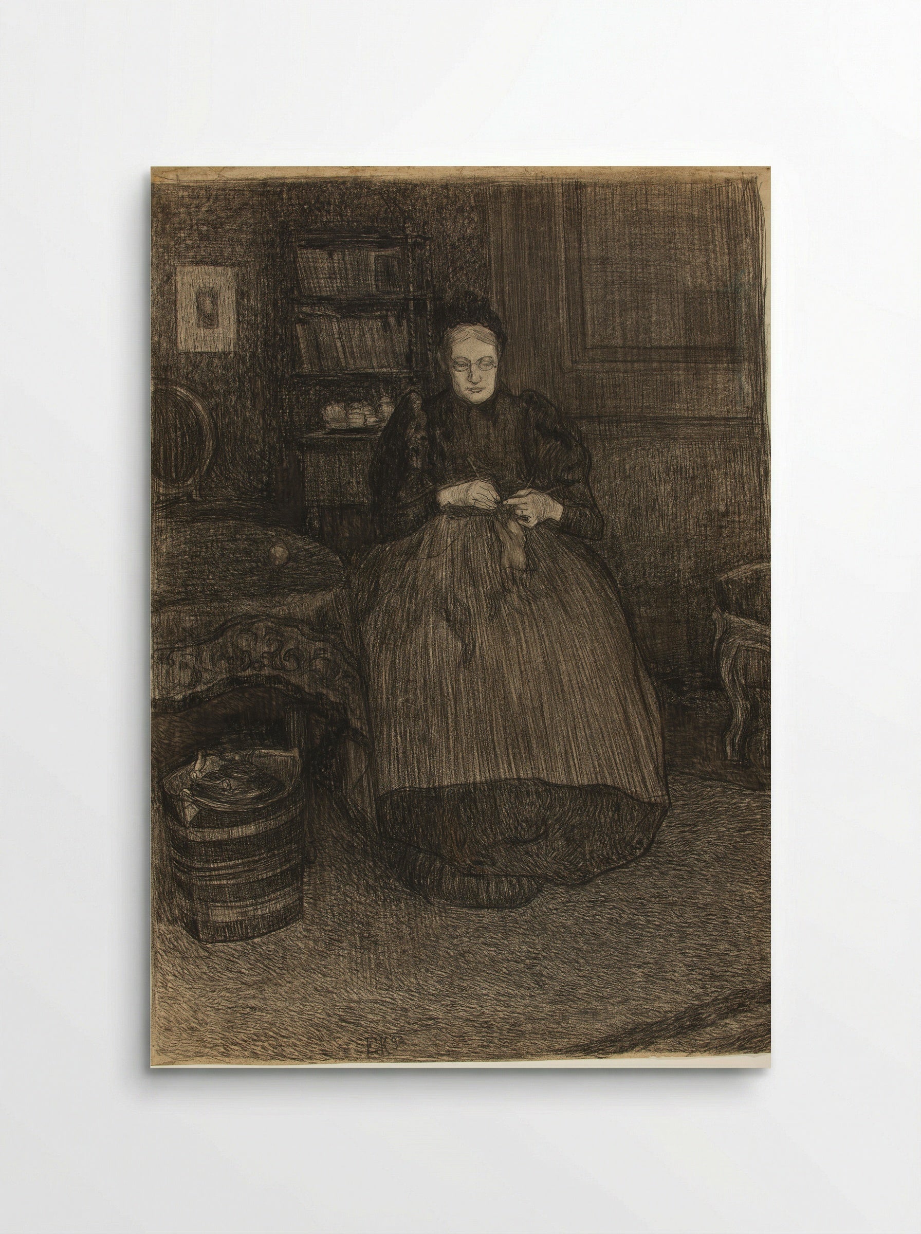 Portrait of the Artist's Mother Knitting in an Interior - Edzard Koning - Poster