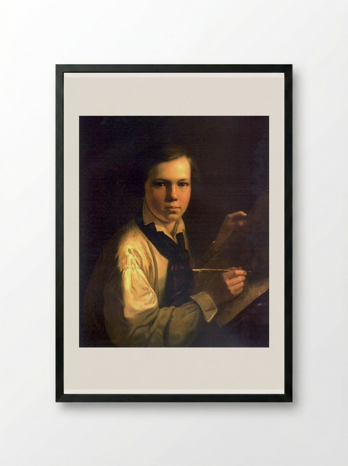 Portrait of the Artist's Son at the Easel - Vasily Tropinin - Framed Print Black