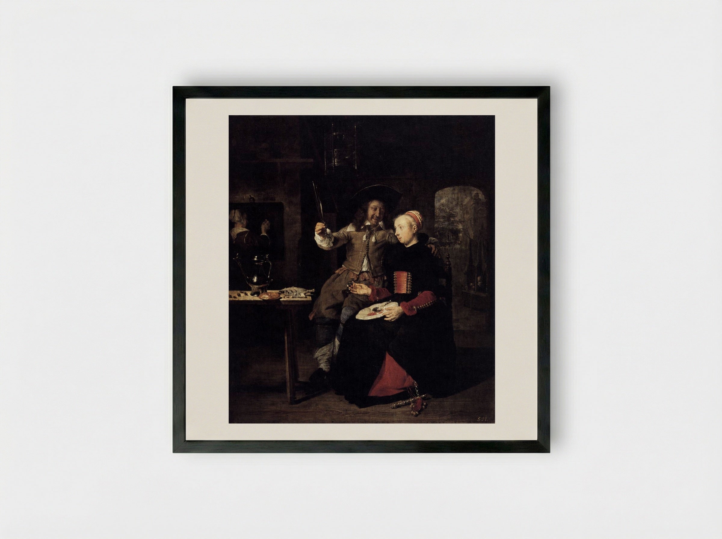 Portrait of the Artist with his Wife Isabella de Wolff in a Tavern - Gabriel Metsu - Framed Print Black