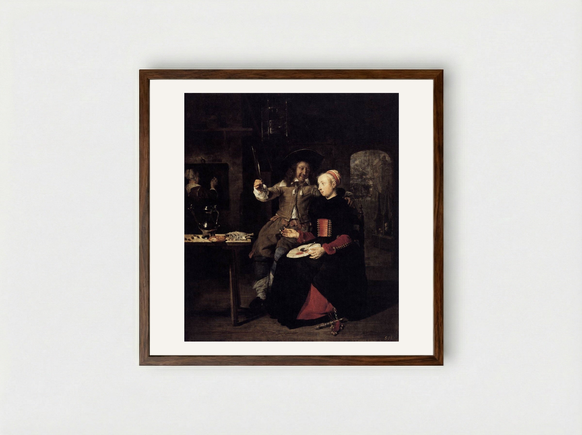 Portrait of the Artist with his Wife Isabella de Wolff in a Tavern - Gabriel Metsu - Framed Print Dark Wood