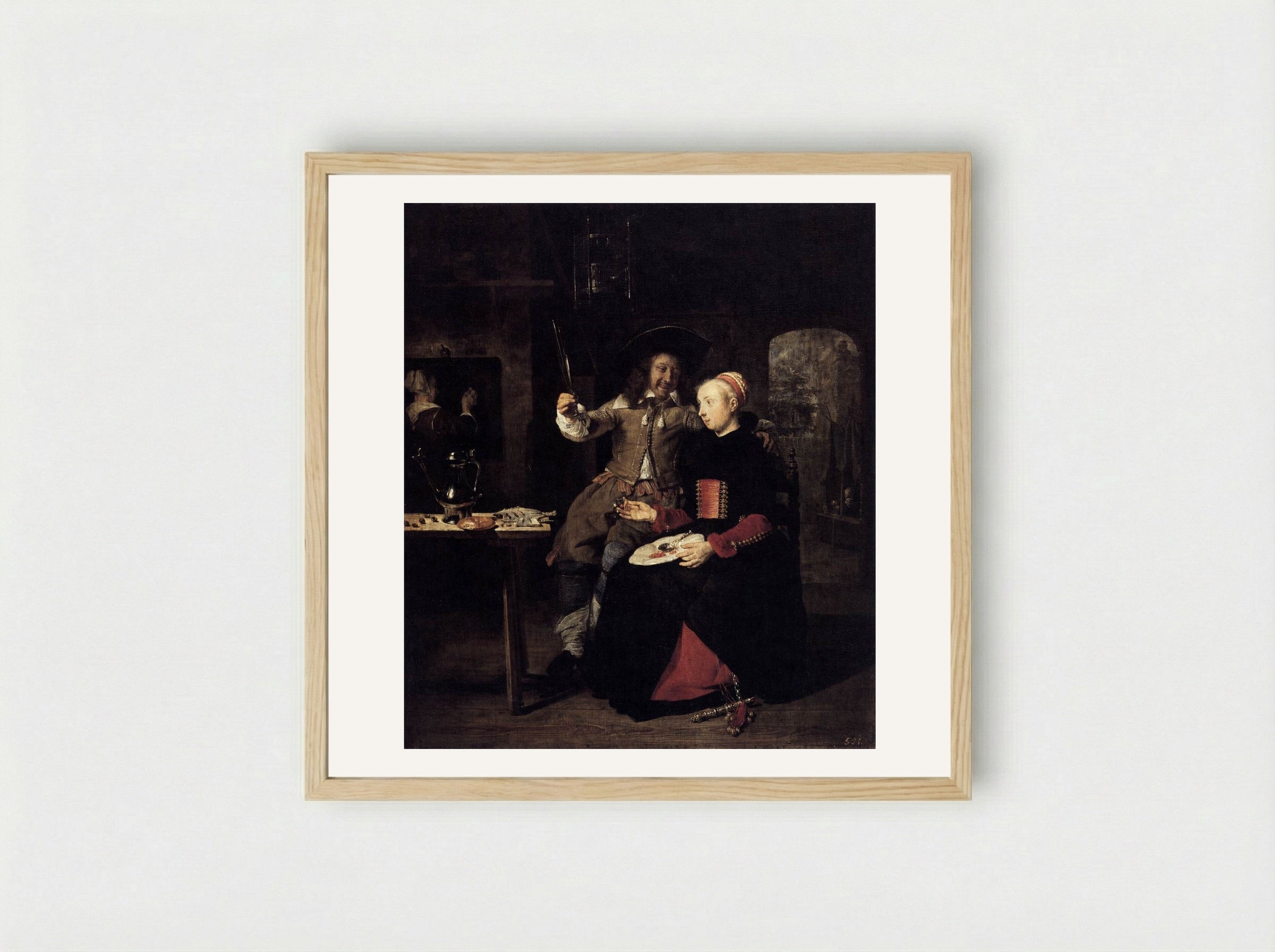 Portrait of the Artist with his Wife Isabella de Wolff in a Tavern - Gabriel Metsu - Framed Print Wood