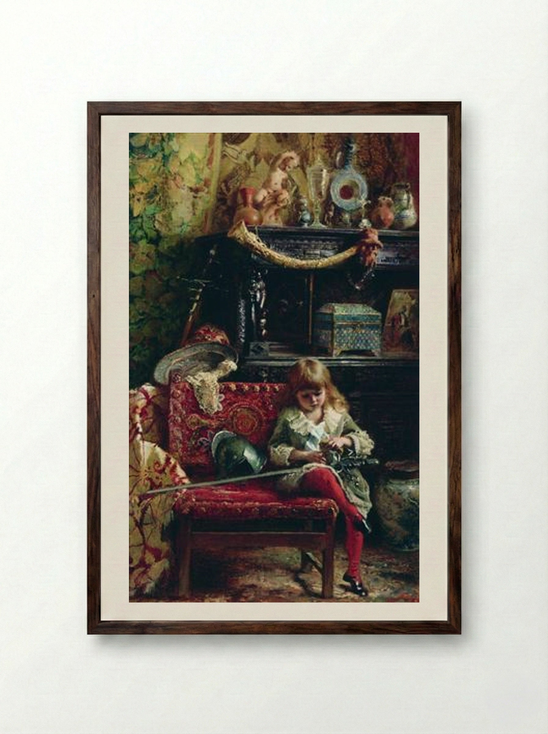 Portrait of the Son in Workshop (Small Antique Dealer) - Konstantin Makovsky - Framed Print Dark Wood
