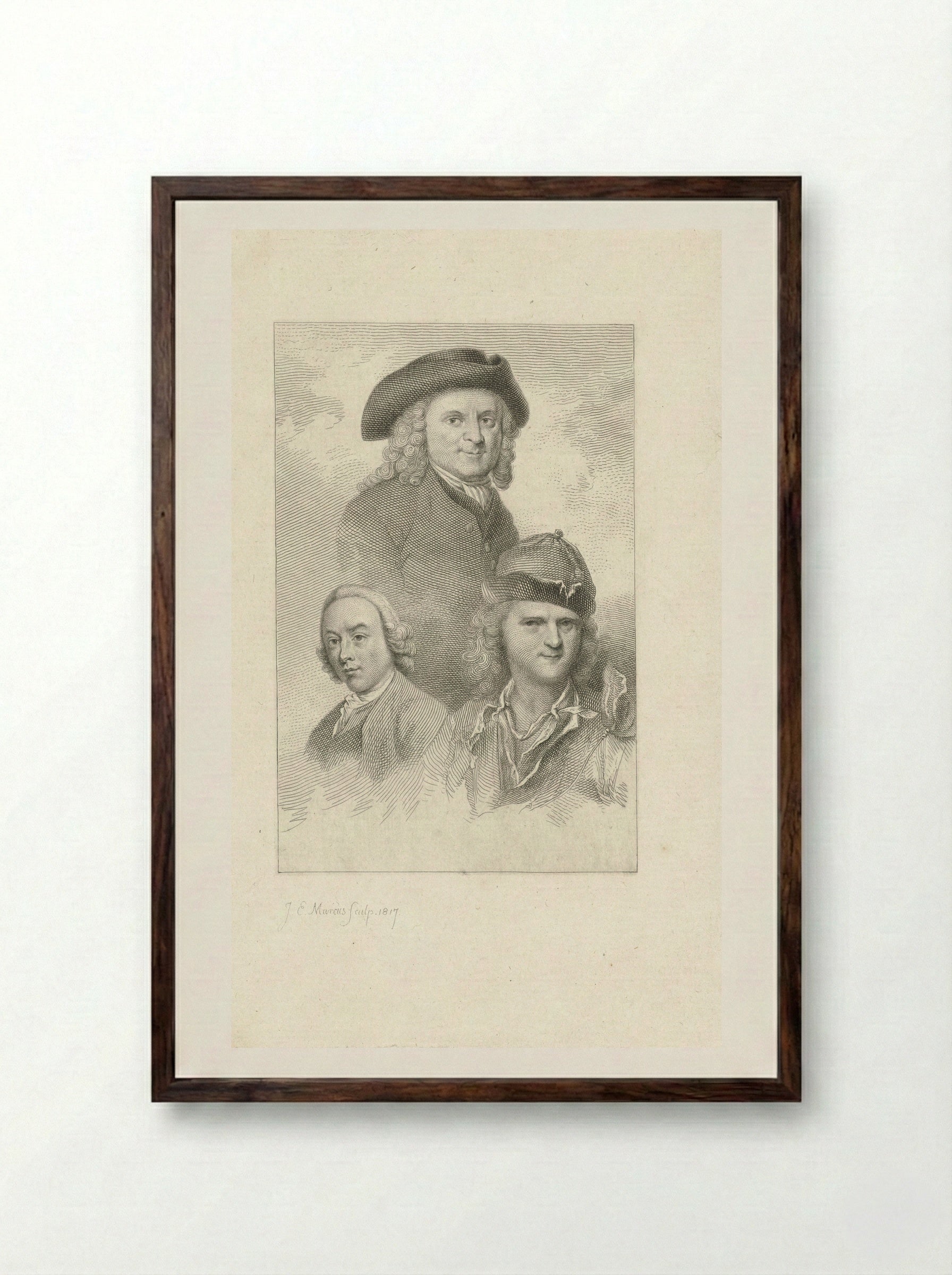 Portraits of Cornelis Pronk, Abraham de Haen, and Jan de Beijer - Jacob Ernst Marcus - Framed Print Dark Wood