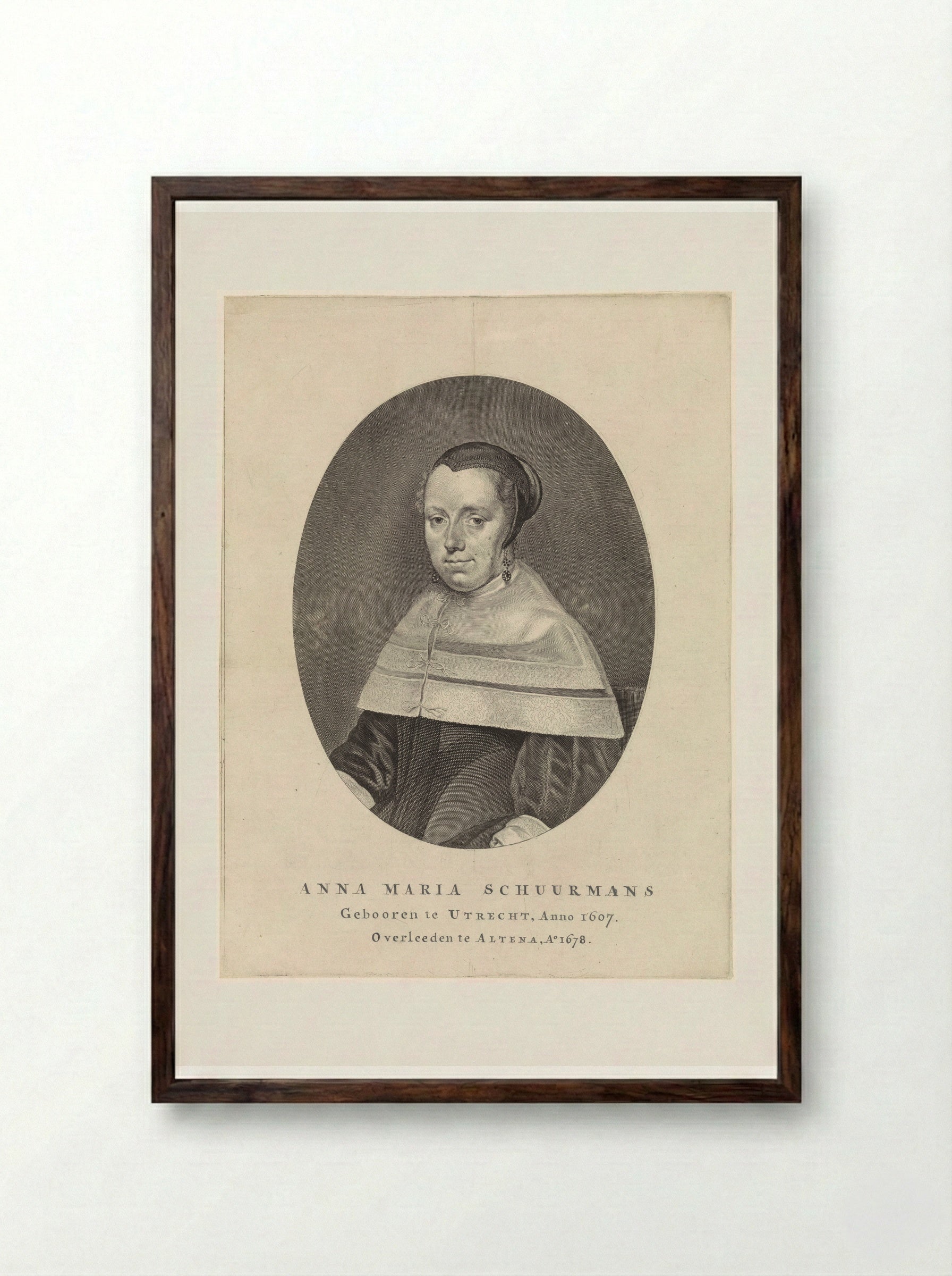 Portret van Anna Maria van Schurman - Theodor Matham - Framed Print Dark Wood