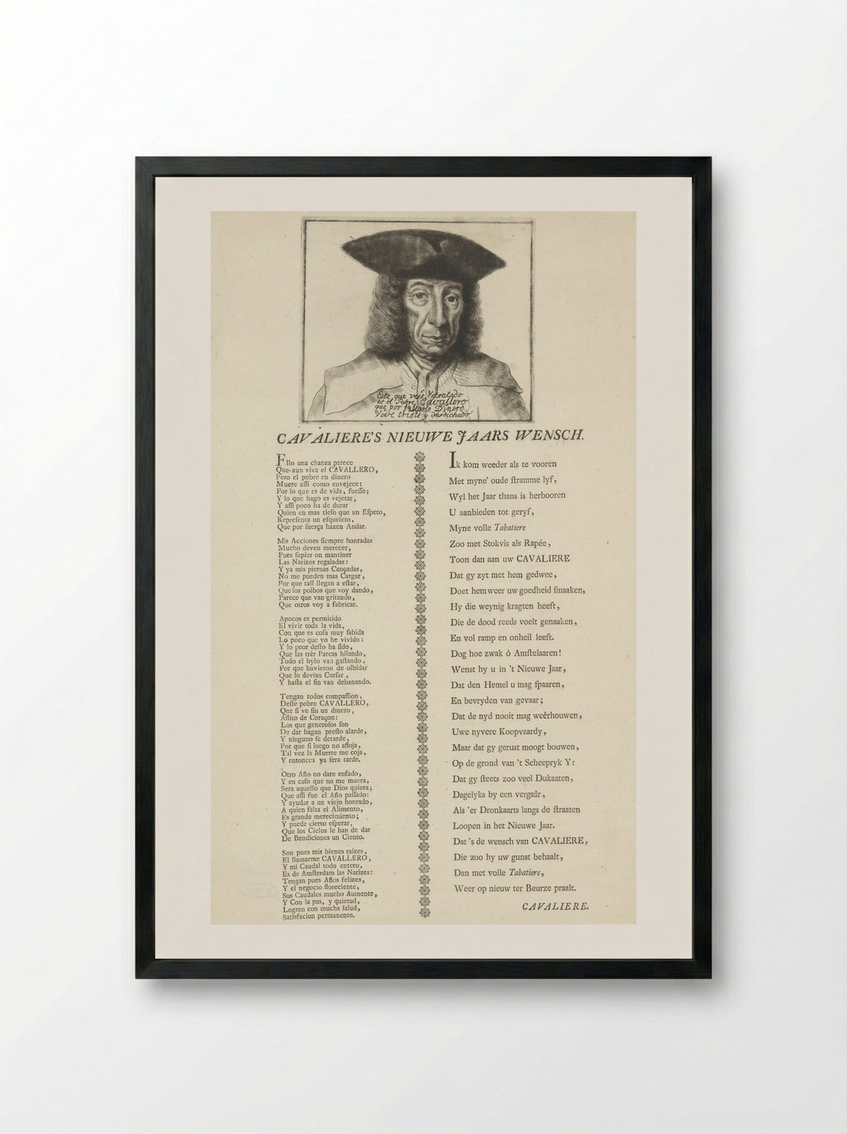 Portret van Cavallero met een nieuwjaarswens - Reinier Vinkeles (I) - Framed Print Black
