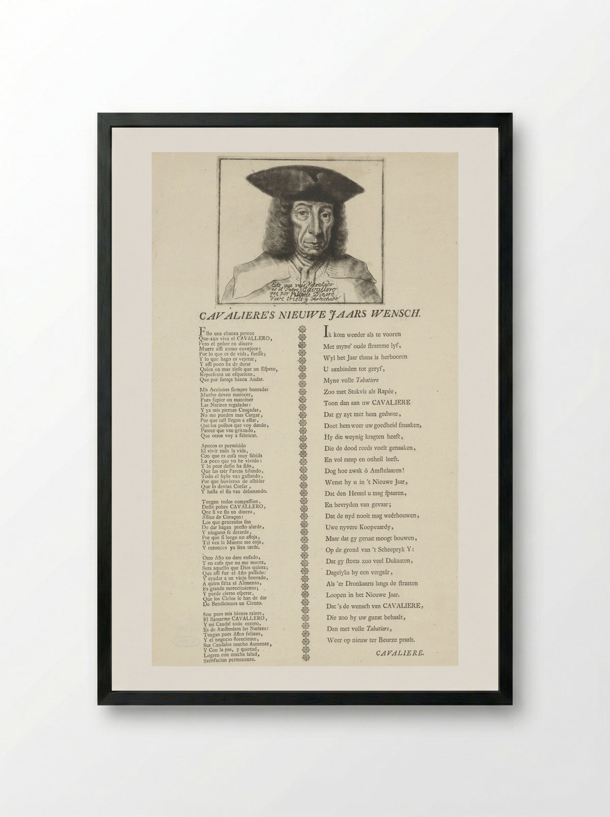 Portret van Cavallero met een nieuwjaarswens - Reinier Vinkeles (I) - Framed Print Black