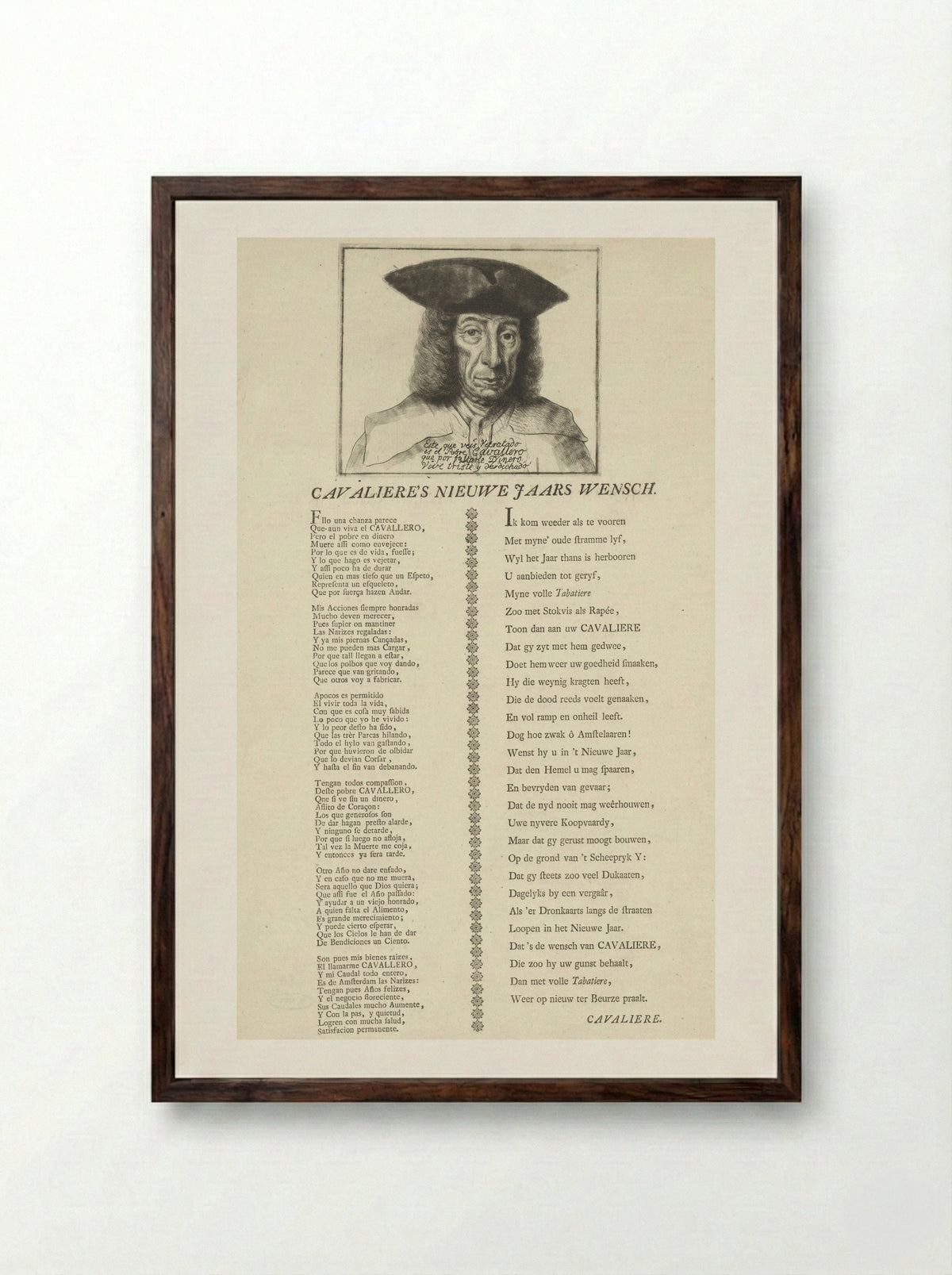 Portret van Cavallero met een nieuwjaarswens - Reinier Vinkeles (I) - Framed Print Dark Wood