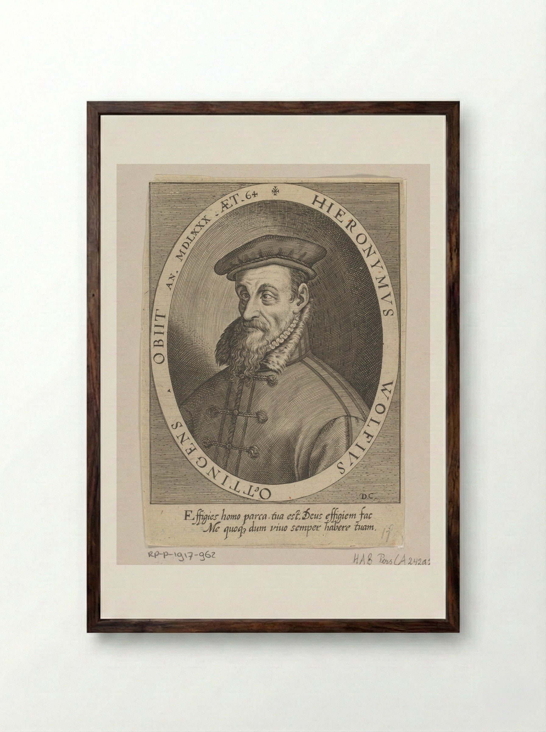 Portret van Hieronymus Wolf op 64-jarige leeftijd - Dominicus Custos - Framed Print Dark Wood