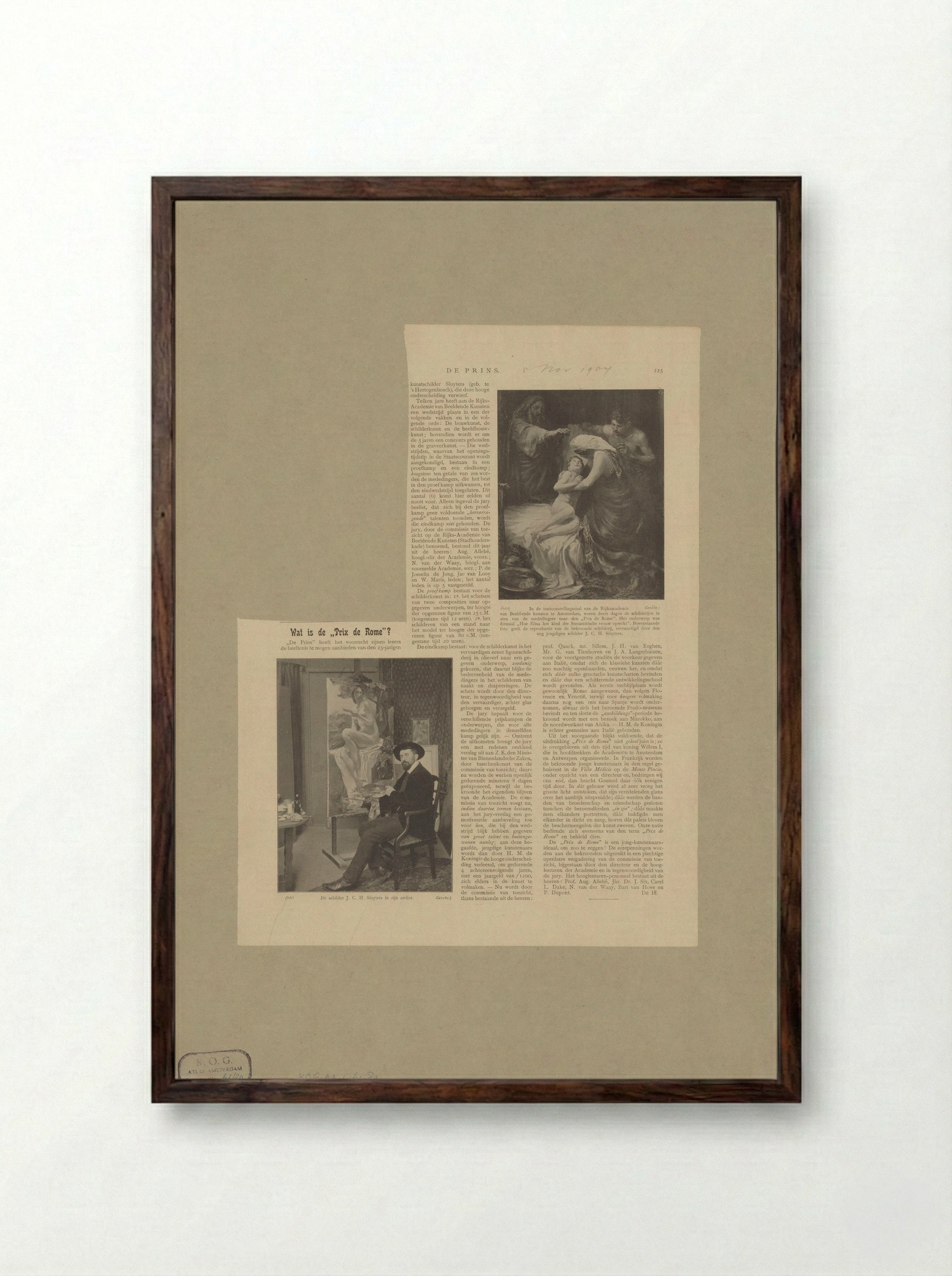 Portret van Jan Sluijters en artikel over de 'Prix de Rome' kunstwedstrijd - Frits Geveke - Framed Print Dark Wood