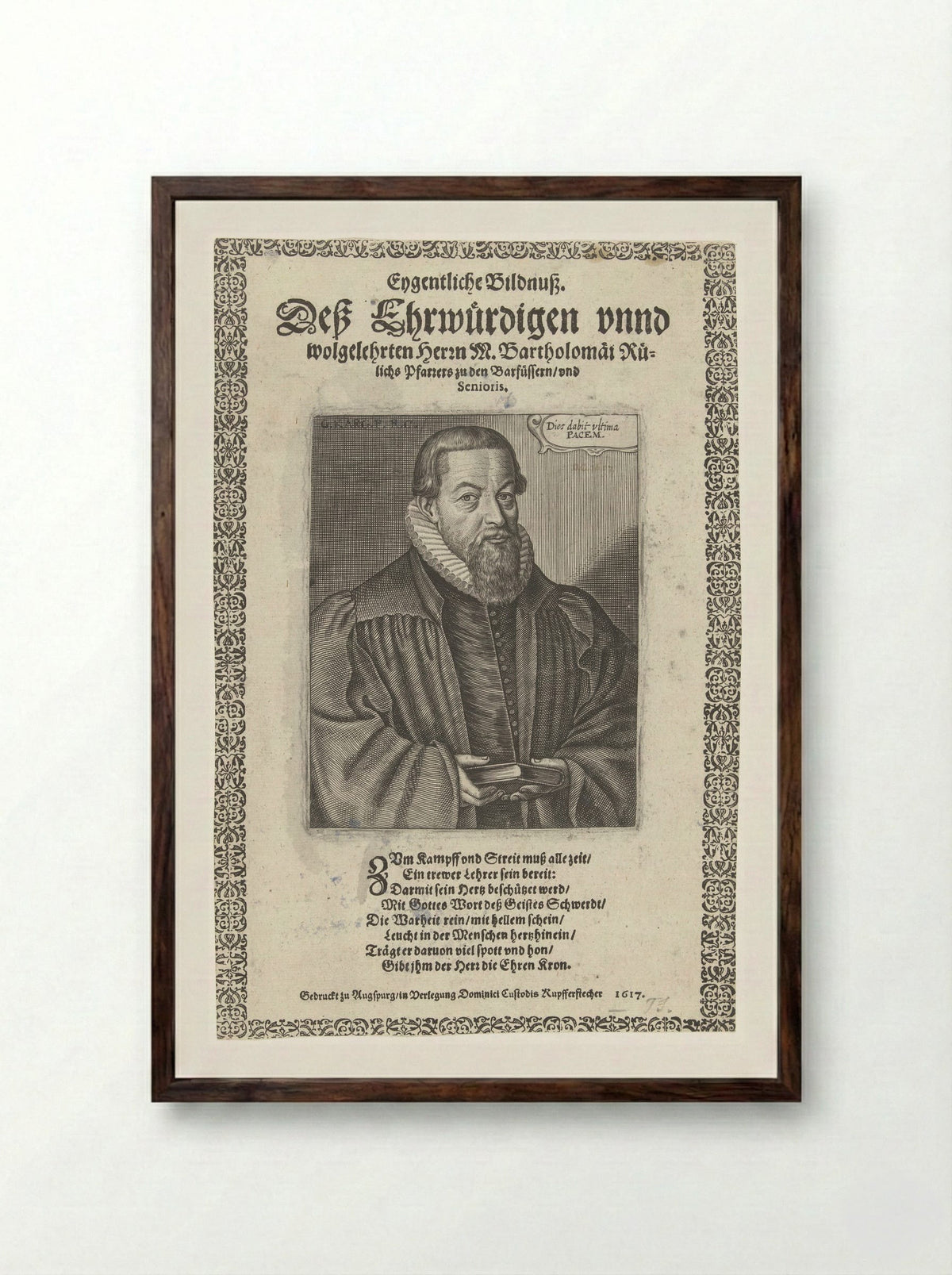 Portret van dominee Bartholomaeus Rülichs - Dominicus Custos - Framed Print Dark Wood