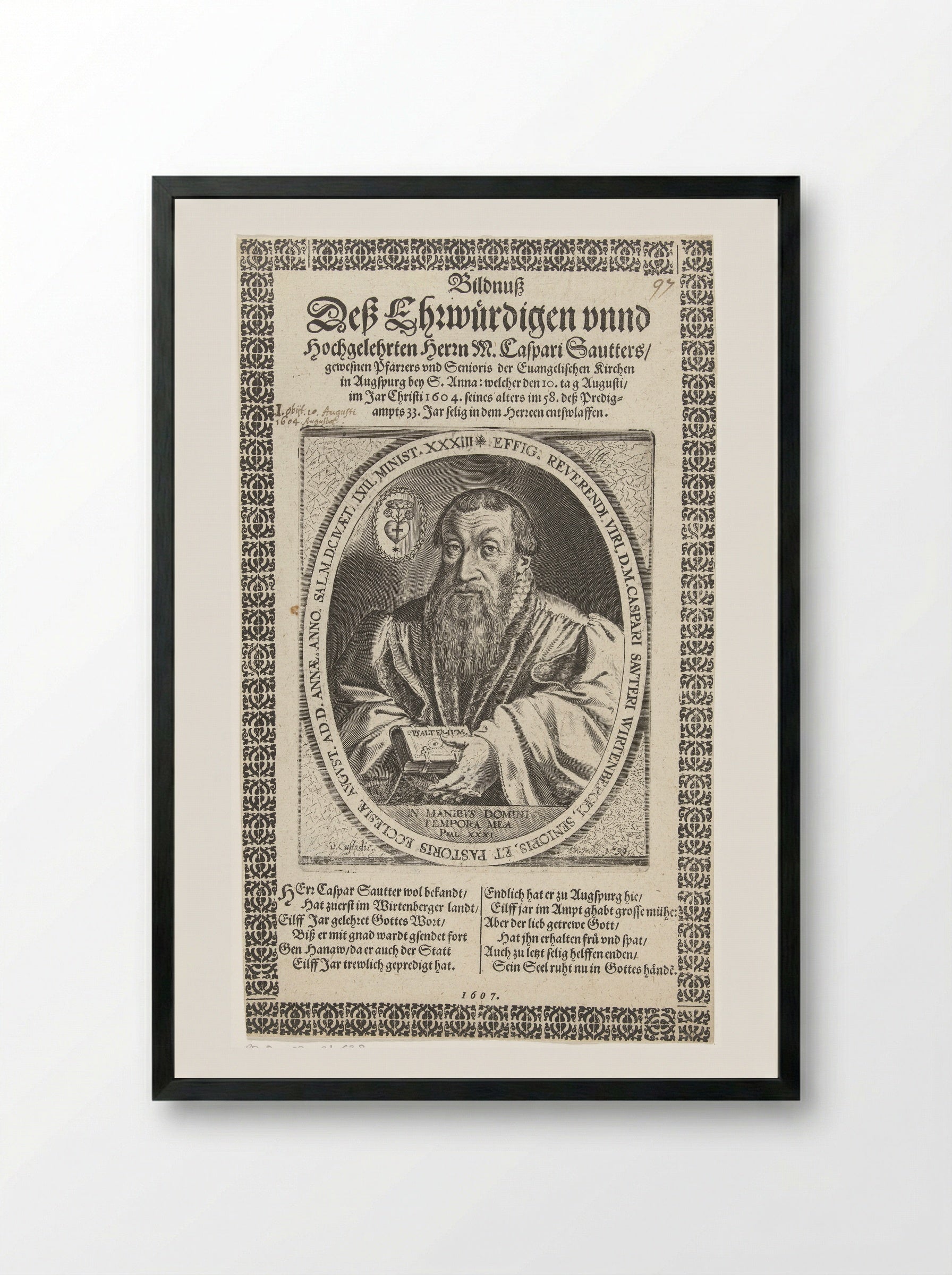 Portret van dominee Kaspar Sautter - Dominicus Custos - Framed Print Black