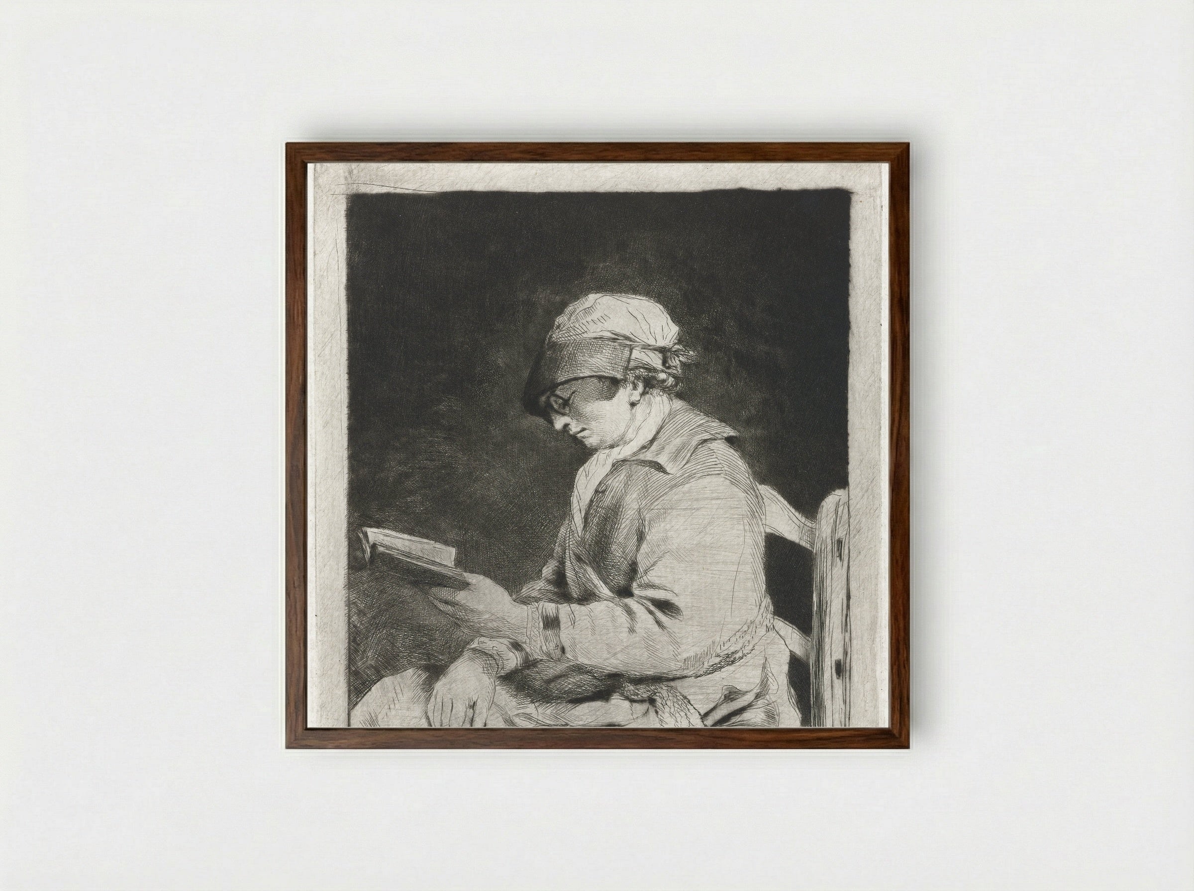 Portret van een lezende man, in profiel naar links - Louis Bernard Coclers - Framed Print Dark Wood