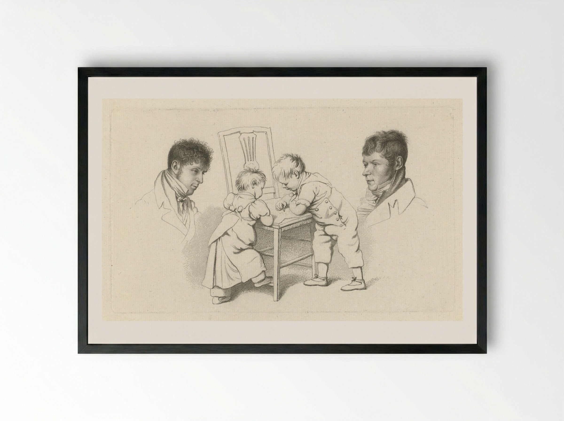 Portretten van Abraham Lion Zeelander en Anthony Oberman en twee tekenende kinderen - Jacob Ernst Marcus - Framed Print Black