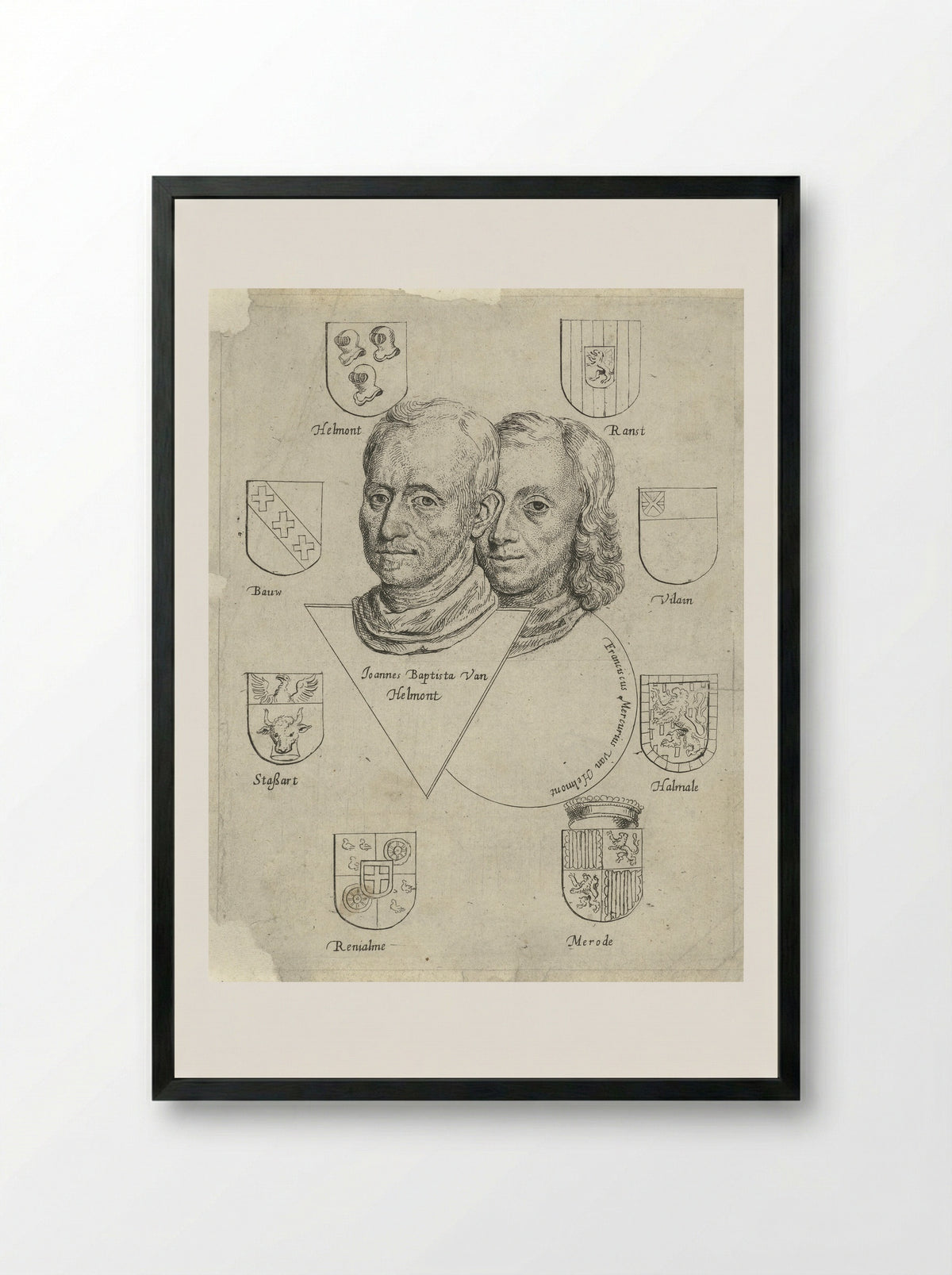 Portretten van Joannes Baptista van Helmont en Franciscus Mercurius van Helmont met acht wapenschilden - Cornelis de Man - Framed Print Black
