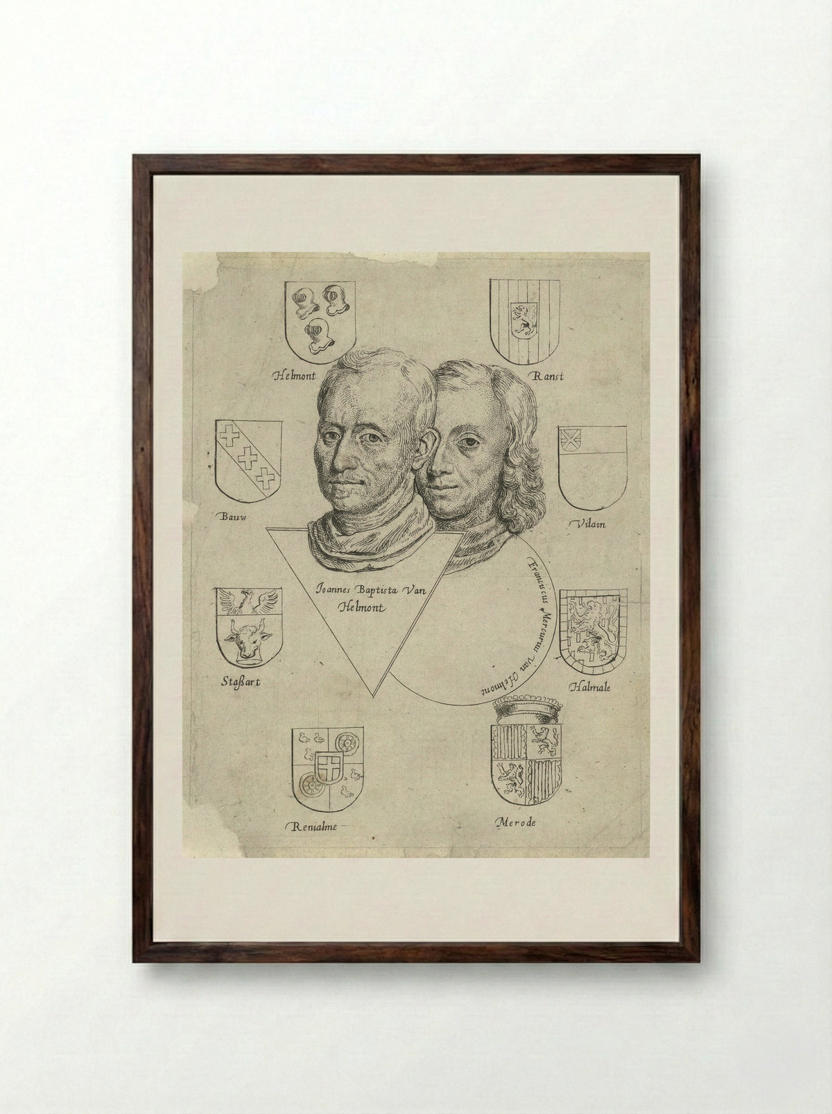 Portretten van Joannes Baptista van Helmont en Franciscus Mercurius van Helmont met acht wapenschilden - Cornelis de Man - Framed Print Dark Wood