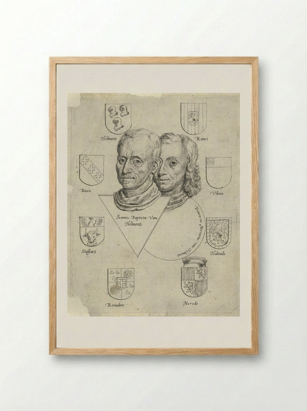 Portretten van Joannes Baptista van Helmont en Franciscus Mercurius van Helmont met acht wapenschilden - Cornelis de Man - Framed Print Wood