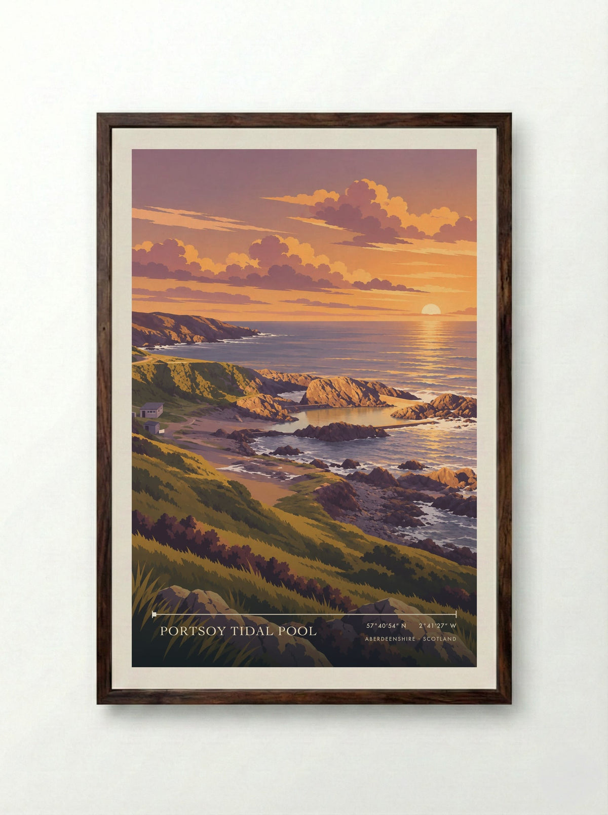 Portsoy Tidal Pool, Aberdeenshire | Travel Poster - Framed Print Dark Wood