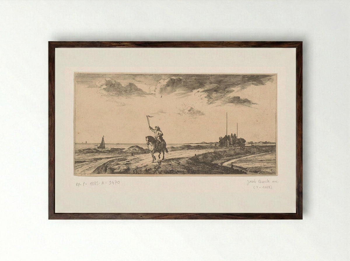 Postbode rijdt langs het strand - Joost van Geel - Framed Print Dark Wood