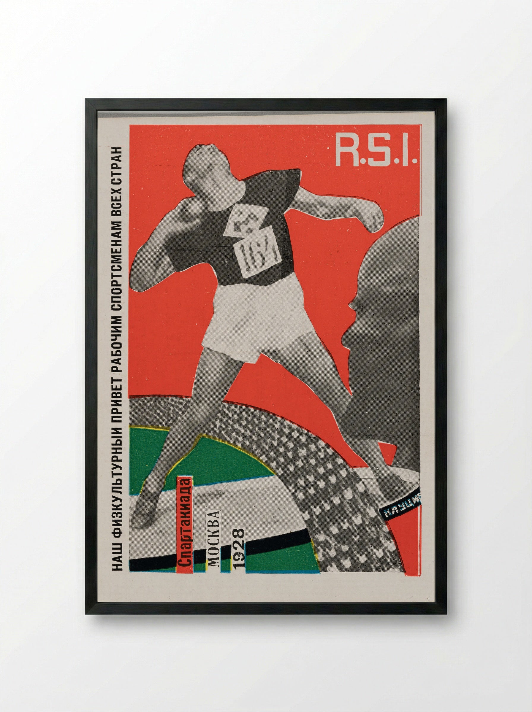 Postcard for Spartakiada, Moscow 1928 (Shot put) - Gustavs Klucis - Framed Print Black