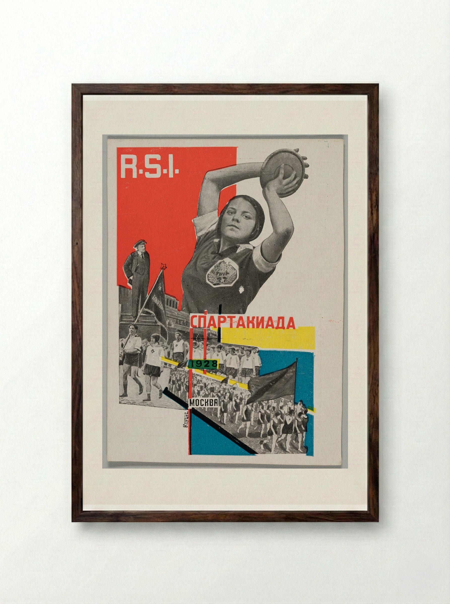 Postcard for Spartakiada, Moscow 1928 (Throwing the discus) - Gustavs Klucis - Framed Print Dark Wood