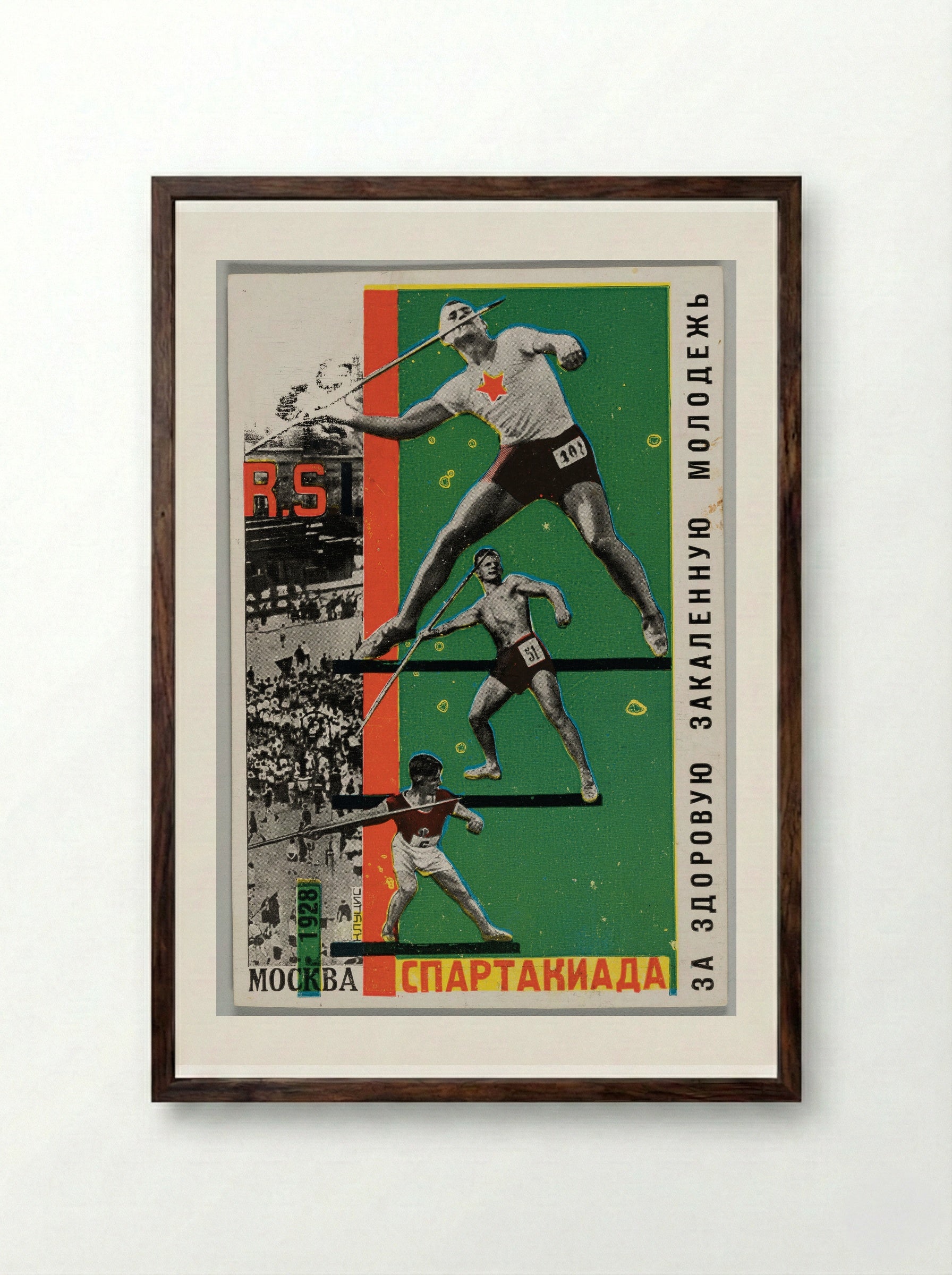 Postcard for Spartakiada, Moscow 1928 (Throwing the javelin) - Gustavs Klucis - Framed Print Dark Wood