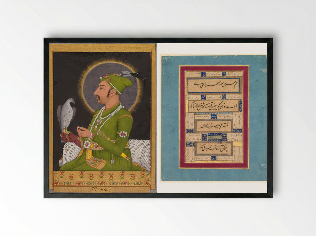 Posthumous portrait of the Mughal emperor Muhammad Shah holding a falcon - Muhammad Rizavi Hindi - Framed Print Black