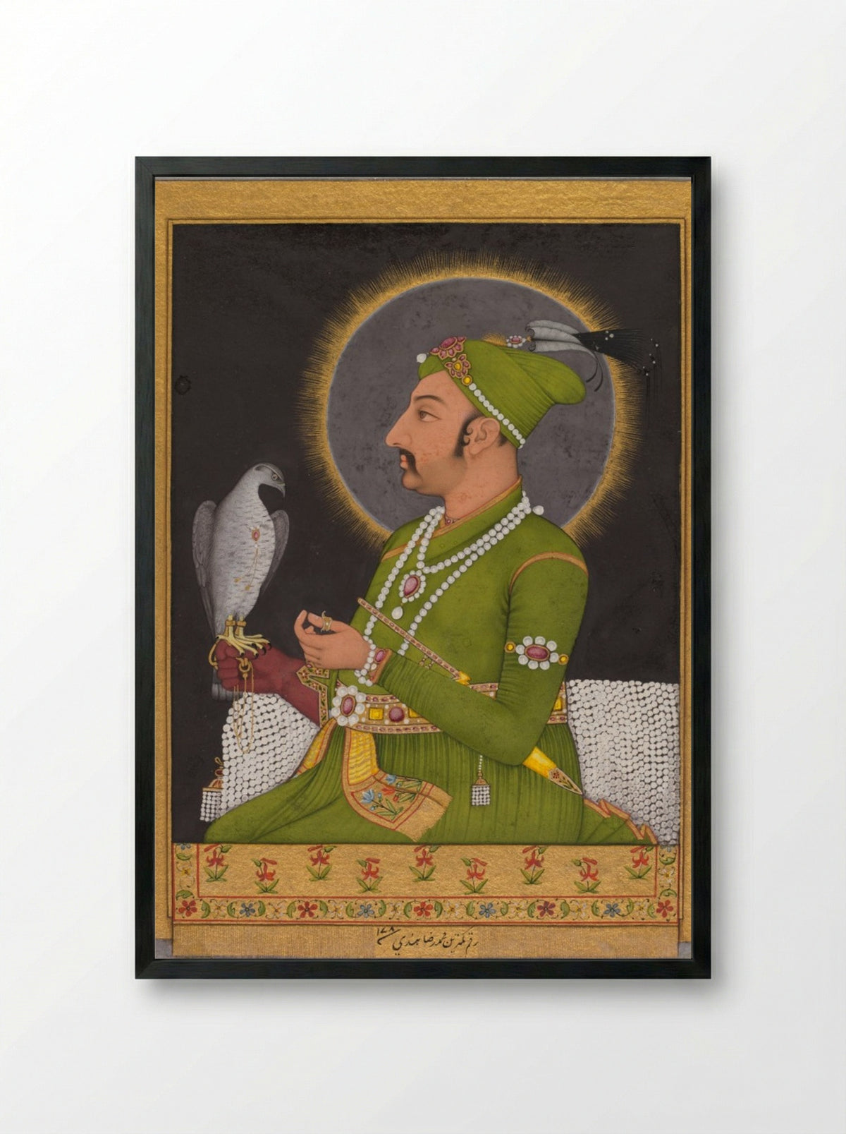 Posthumous portrait of the Mughal emperor Muhammad Shah holding a falcon - Muhammad Rizavi Hindi - Framed Print Black